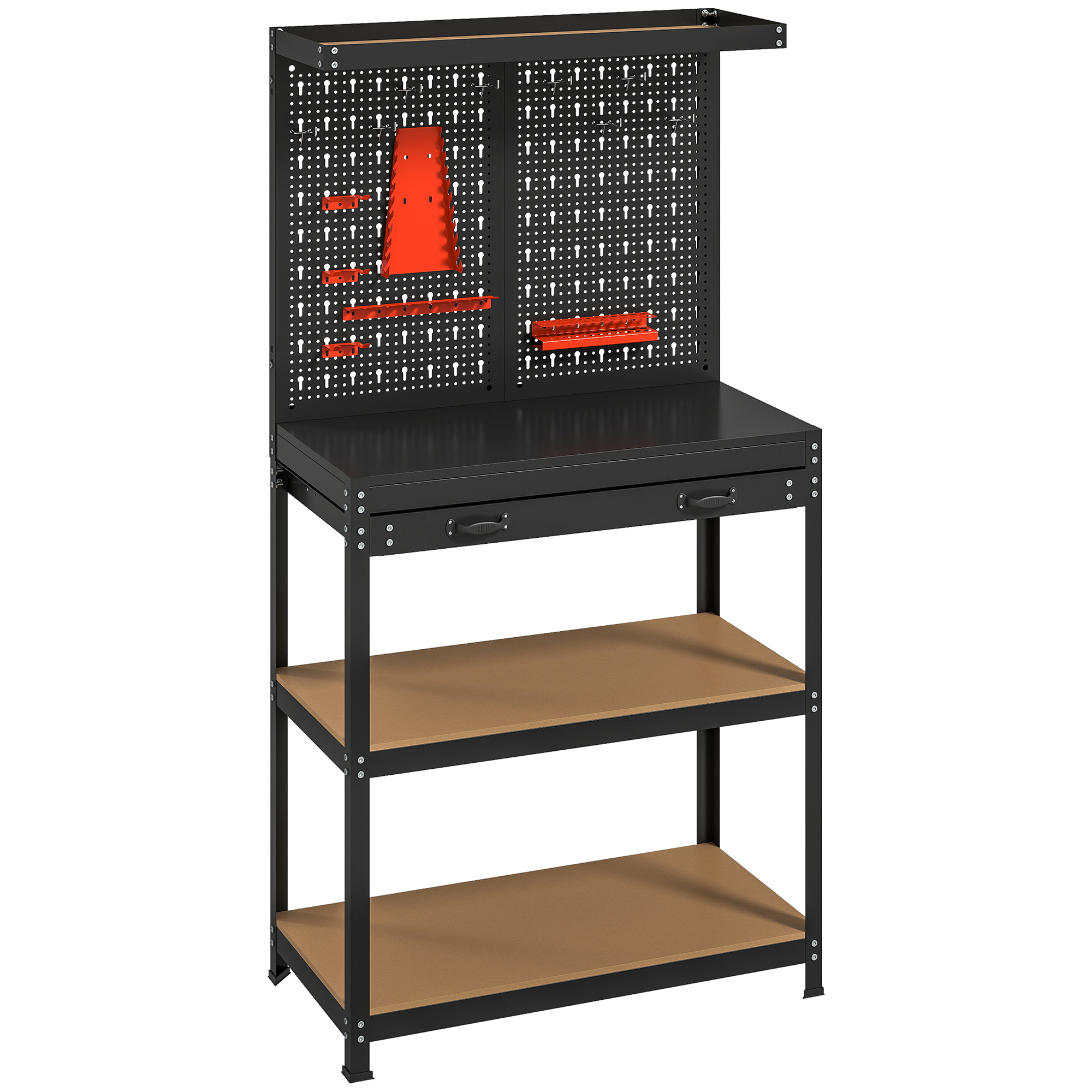 HOMCOM Banco de trabajo con panel portaherramientas, 2 estantes y cajón — 80 x 40,5 x 155 cm (negro)