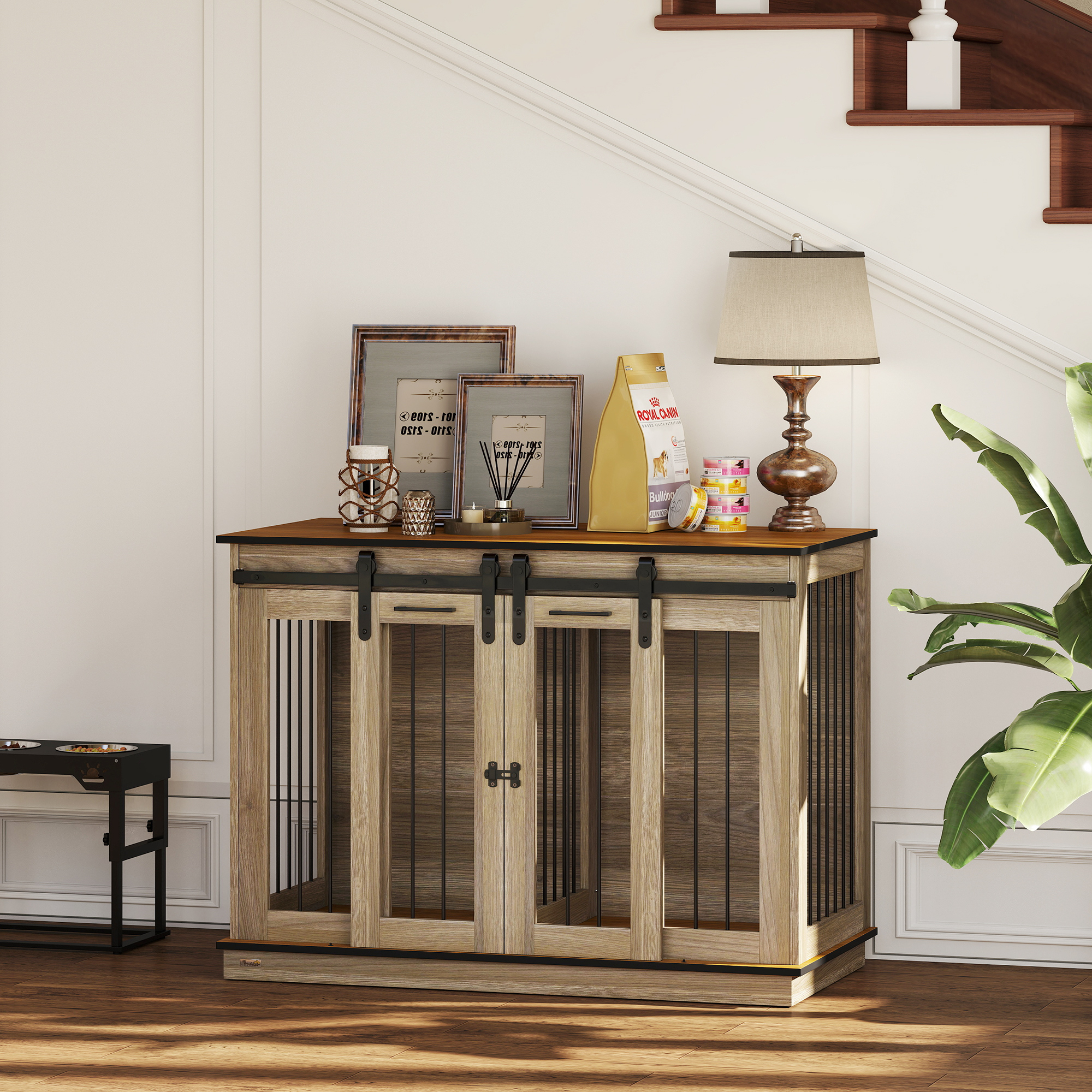 PawHut Dog Crate Furniture for Large Dogs, Double Dog Cage for Small Dogs, with Sliding Doors Oak Tone 9