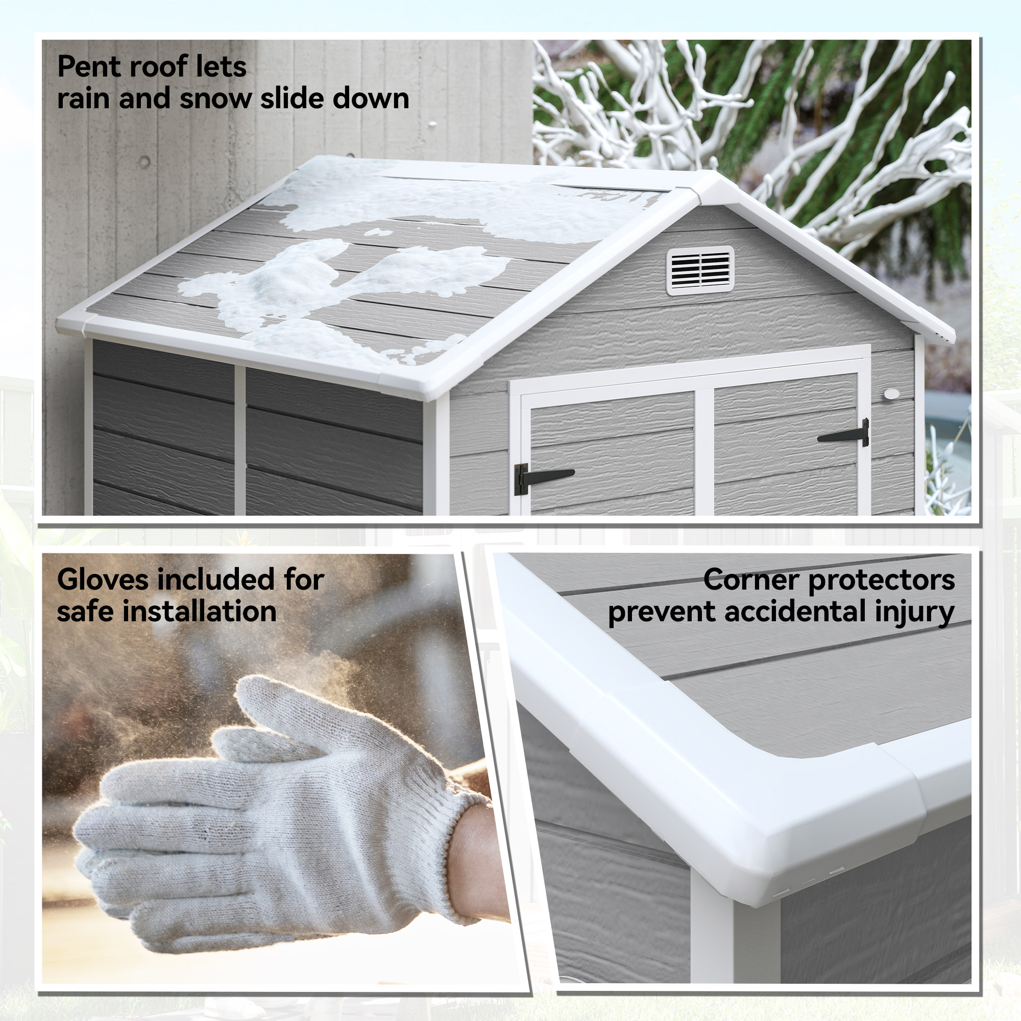 Outsunny 6 x 5ft Garden Shed, Plastic Shed with Floor, Window, Lockable Doors and Vents, Wood Effect Resin Tool Shed for Outdoor Patio, Dark Grey 9