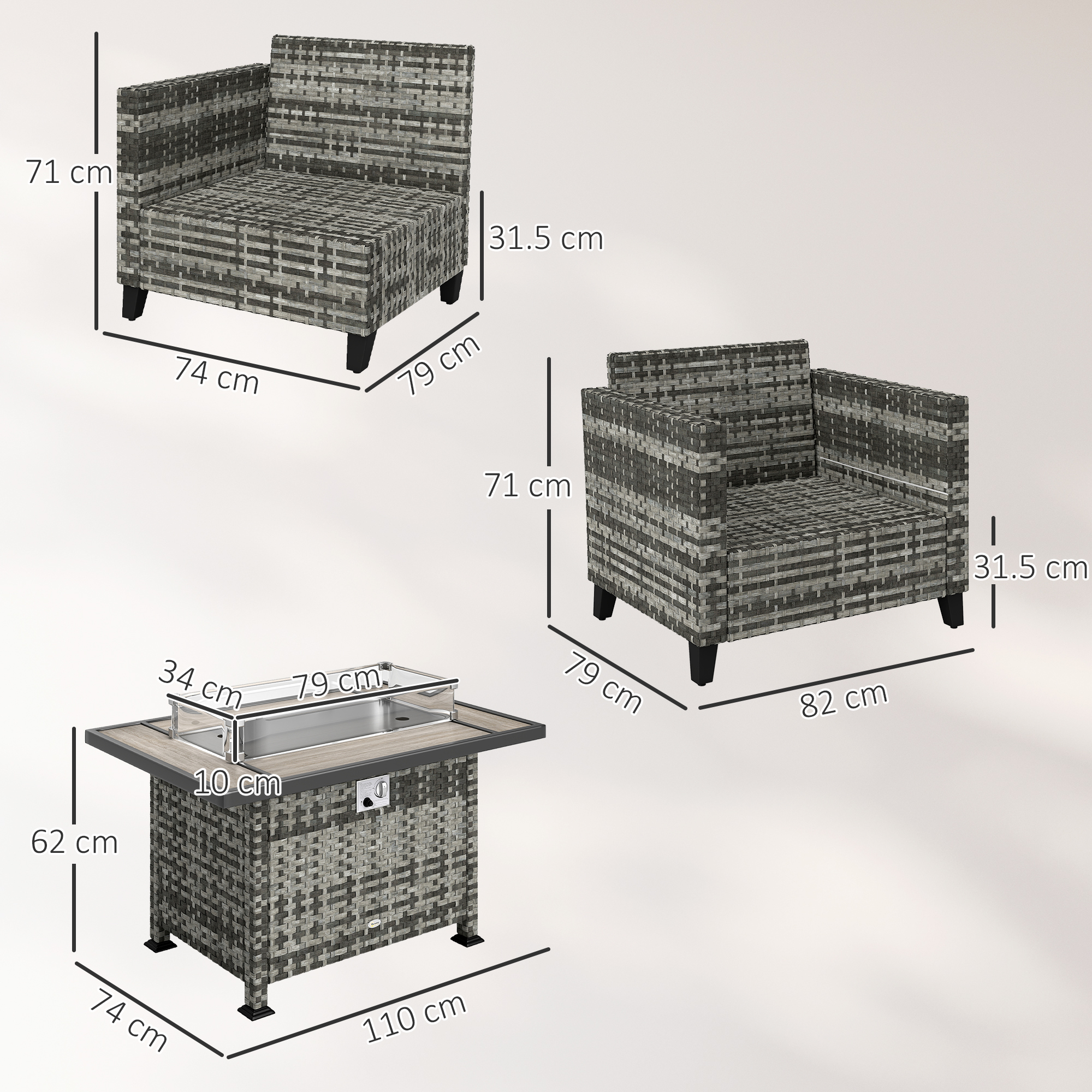 Outsunny 5-Piece Rattan Patio Furniture Set with Gas Fire Pit Table, Loveseat Sofa, Armchairs, Cushions, Pillows, Grey 3