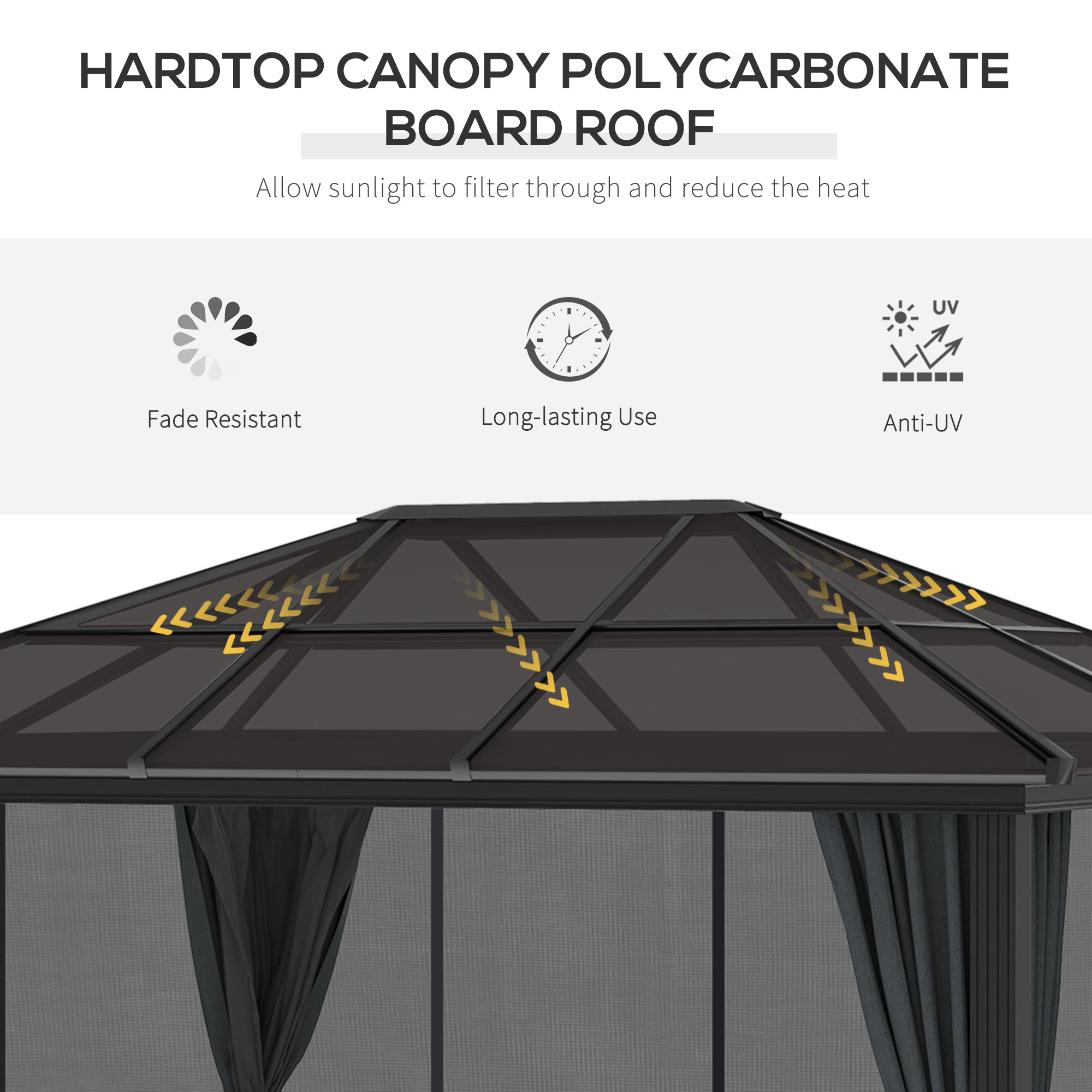 Outsunny 3 x 3.6m Hardtop Gazebo Canopy with Polycarbonate Roof, Aluminium Frame, Permanent Pavilion Garden Gazebo with Netting and Curtains for Patio, Deck, Dark Grey 4