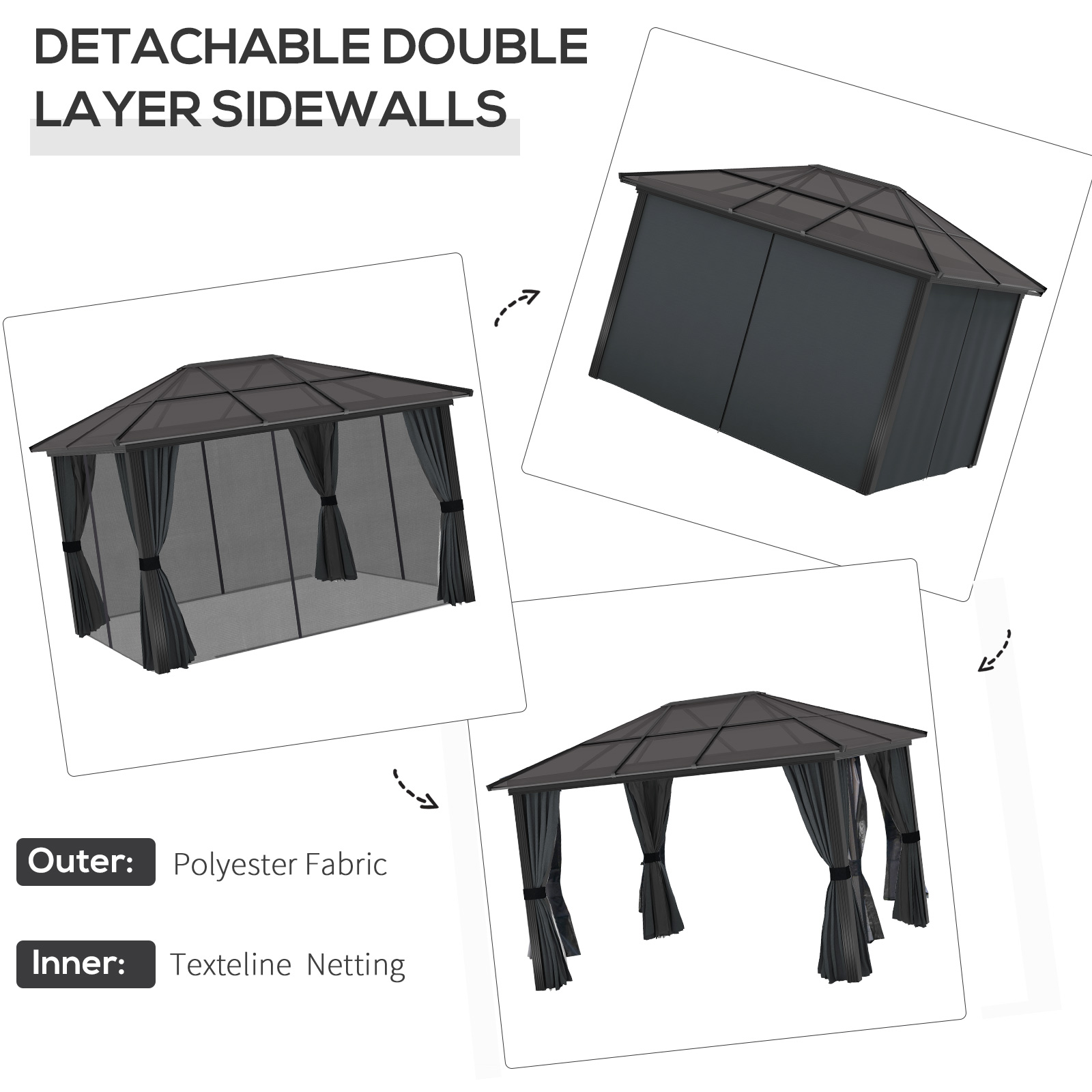 Outsunny 3 x 3.6m Hardtop Gazebo Canopy with Polycarbonate Roof, Aluminium Frame, Permanent Pavilion Garden Gazebo with Netting and Curtains for Patio, Deck, Dark Grey 5