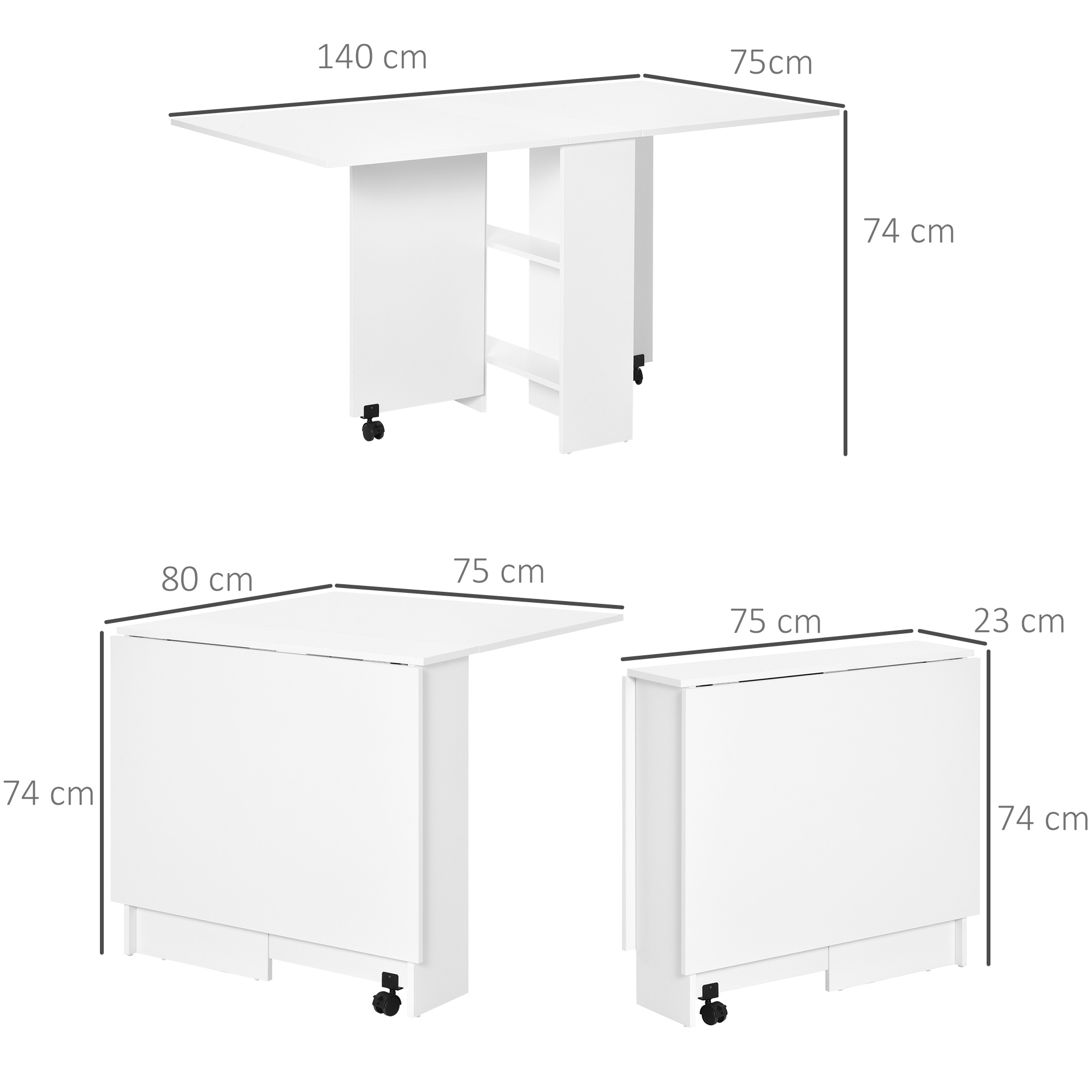 HOMCOM Folding Dining Table, Drop Leaf Table with 2-Tier Shelves, Rolling Casters, for Small Spaces, Kitchen, White 3