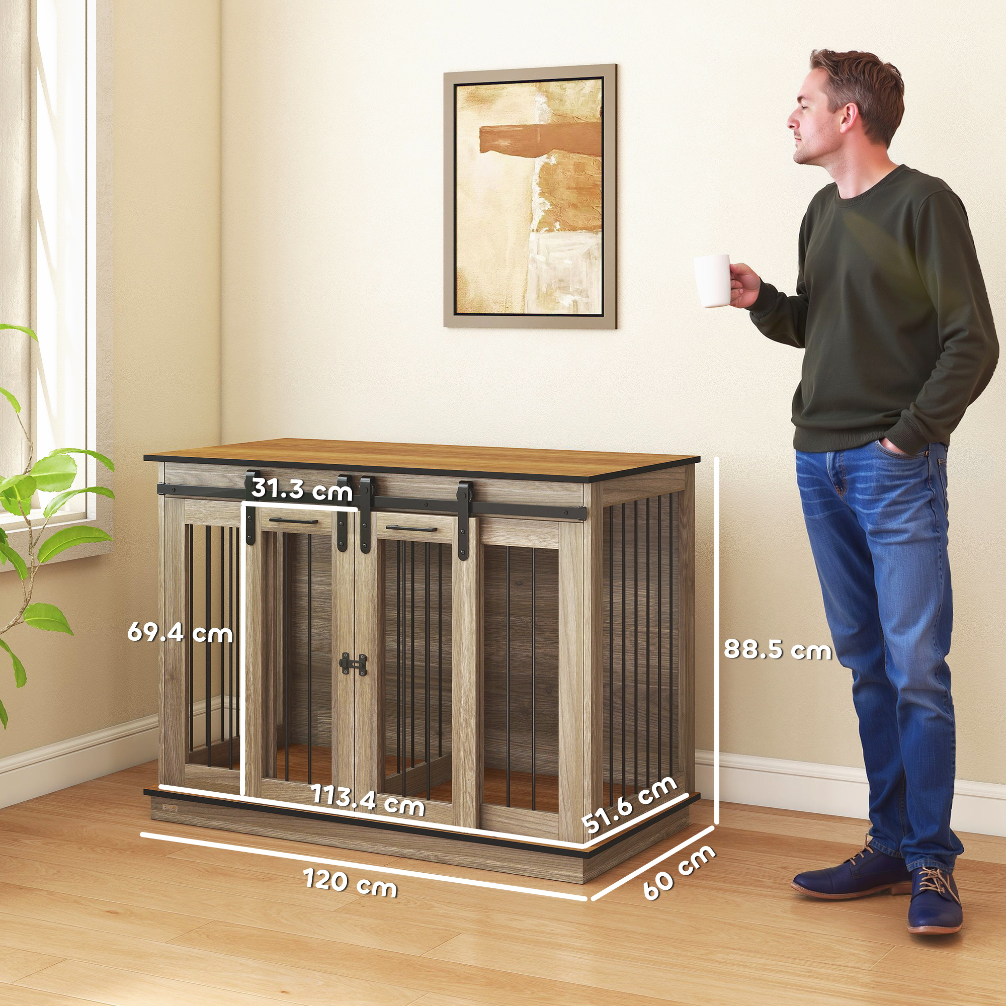 PawHut Dog Crate Furniture for Large Dogs, Double Dog Cage for Small Dogs, with Sliding Doors Oak Tone 3