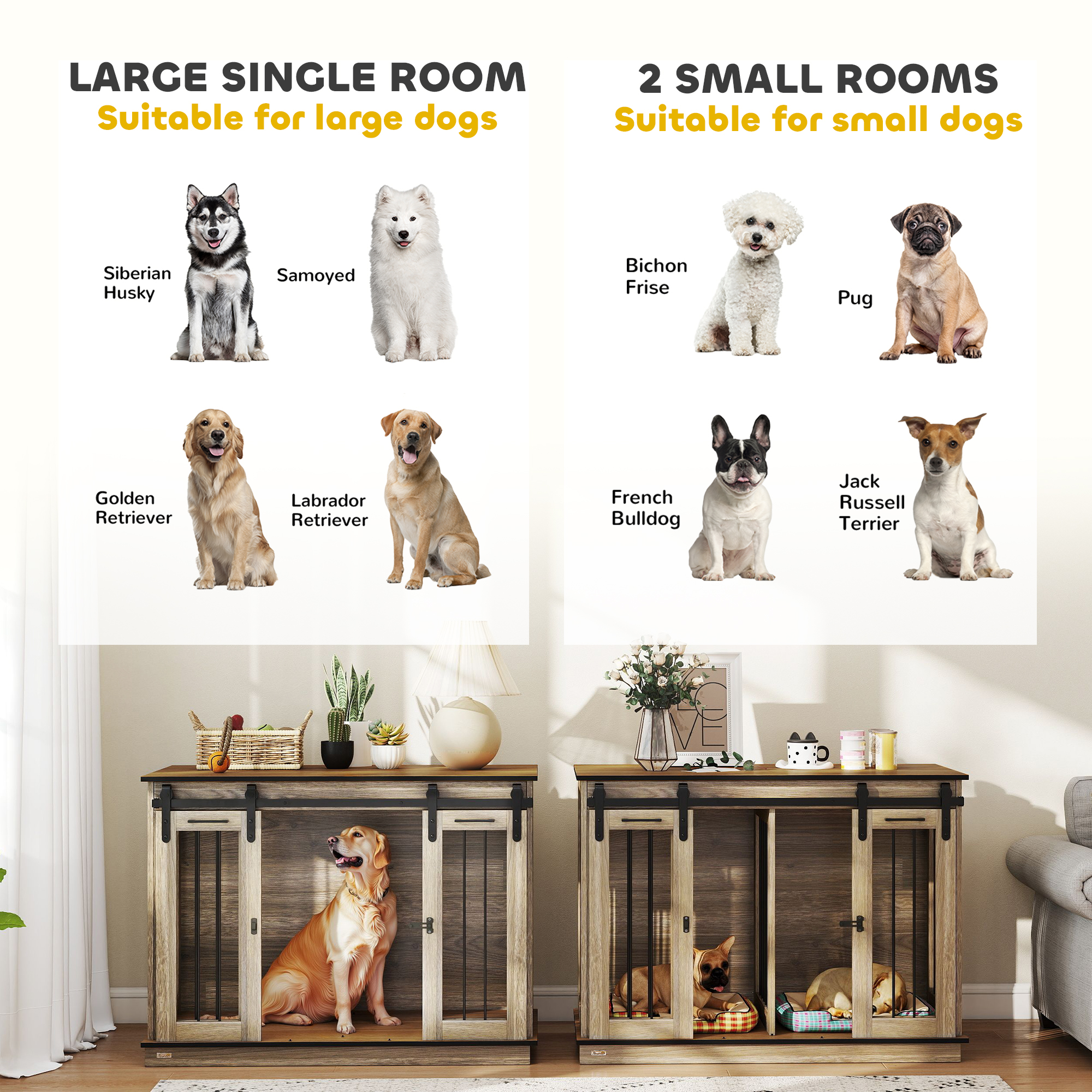 PawHut Dog Crate Furniture for Large Dogs, Double Dog Cage for Small Dogs, with Sliding Doors Oak Tone 8