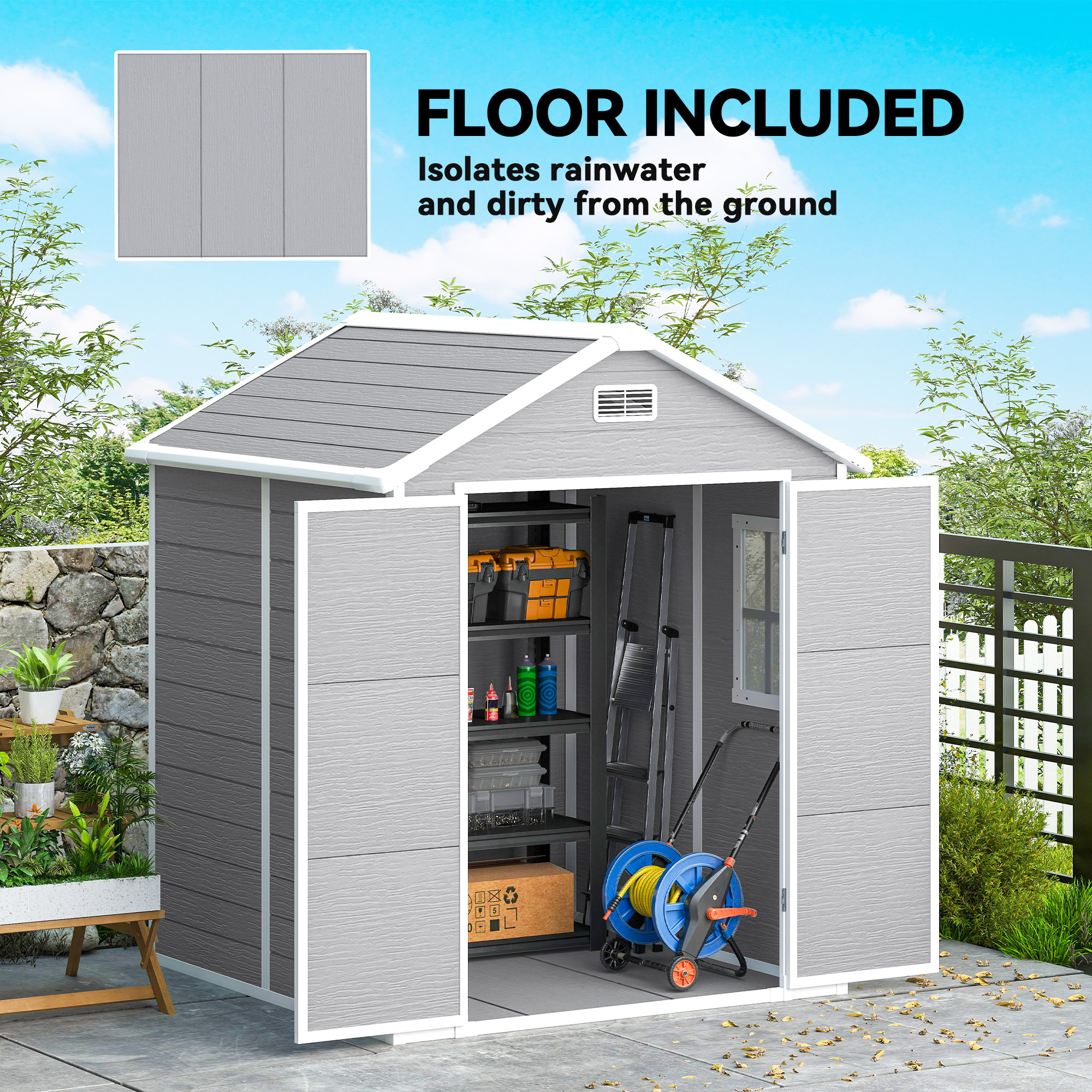 Outsunny 6 x 5ft Garden Shed, Plastic Shed with Floor, Window, Lockable Doors and Vents, Wood Effect Resin Tool Shed for Outdoor Patio, Dark Grey 6
