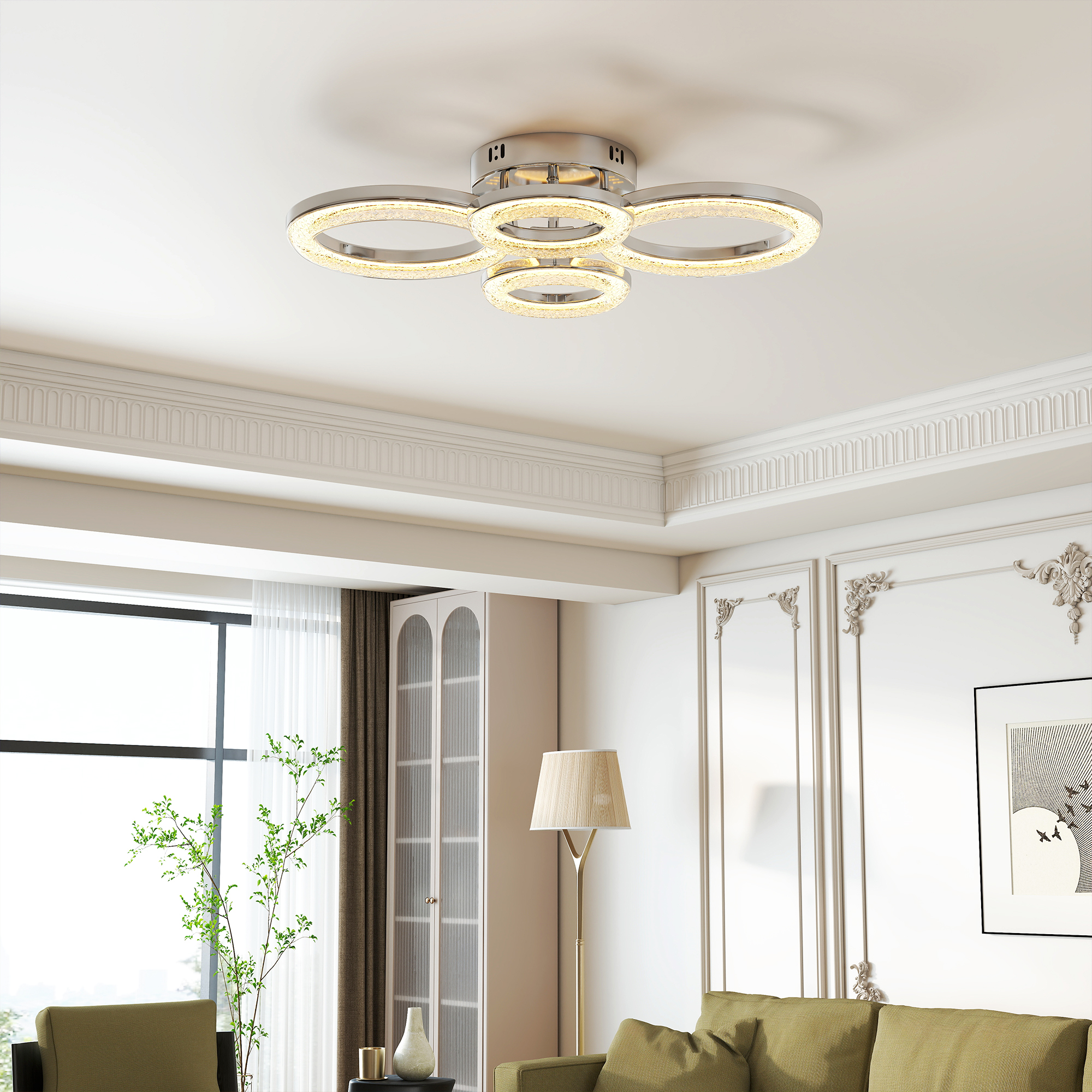 HOMCOM LED Ceiling Light, Modern 4 Rings Ceiling Lamp with Wall Switch Control, 40W 4350lm Flush Mount Ceiling Light with 3500K/4500K/6000K Colour Temperatures for Living Room, Bedroom, Silver Tone 7