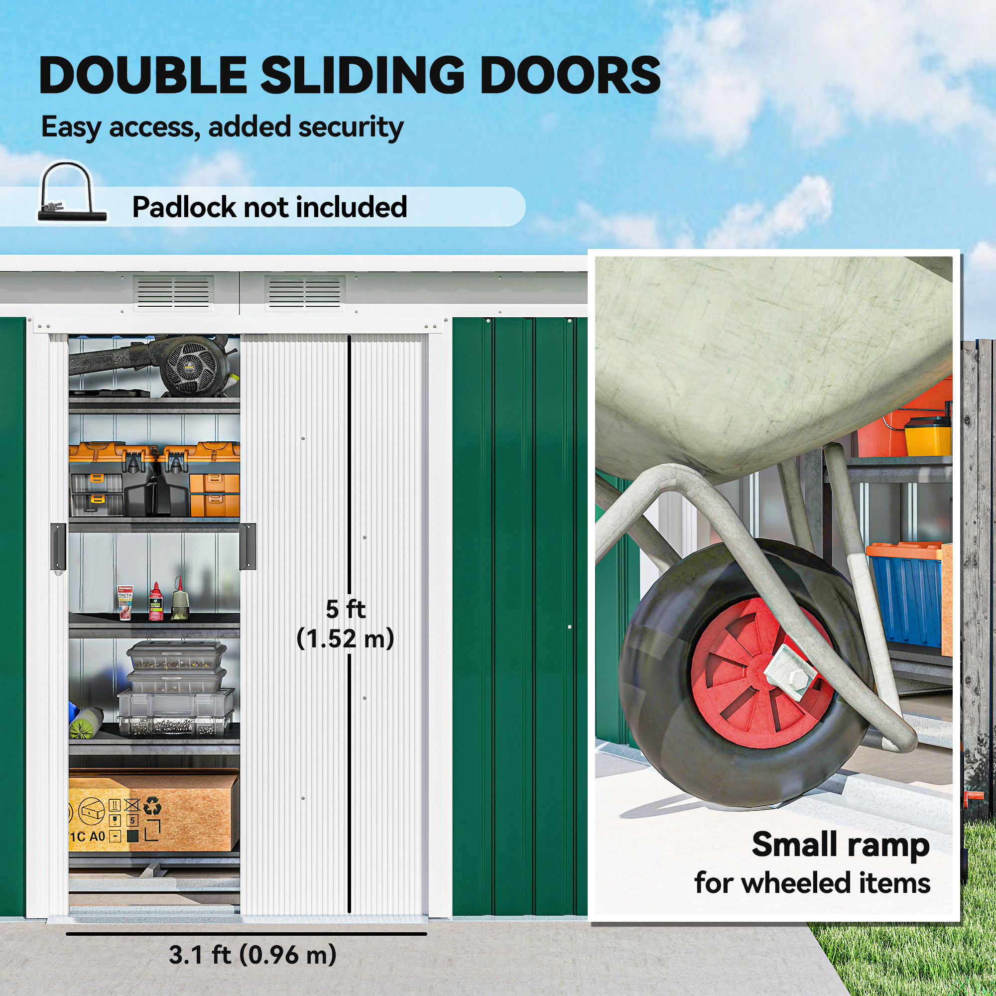 Outsunny 9ft x 4ft Metal Garden Shed, Outdoor Tool House with Foundation Kit, Ventilations and Double Doors, Deep Green 5