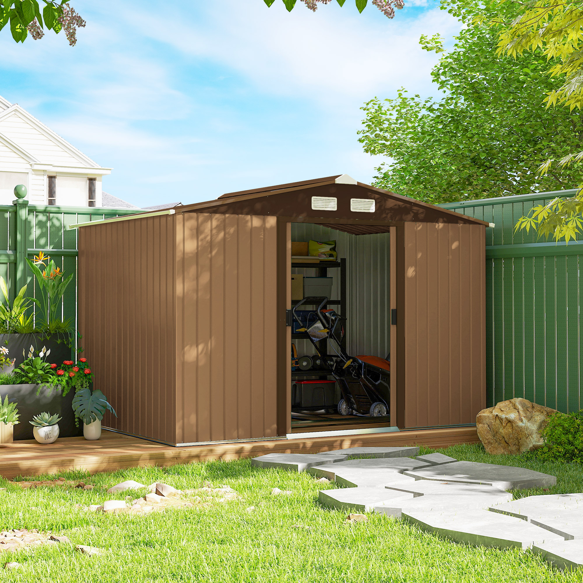 Outsunny 9 x 6ft Metal Garden Shed, Outdoor Storage Tool House with Ventilation Slots, Foundation Kit and Lockable Double Doors, Light Brown 2