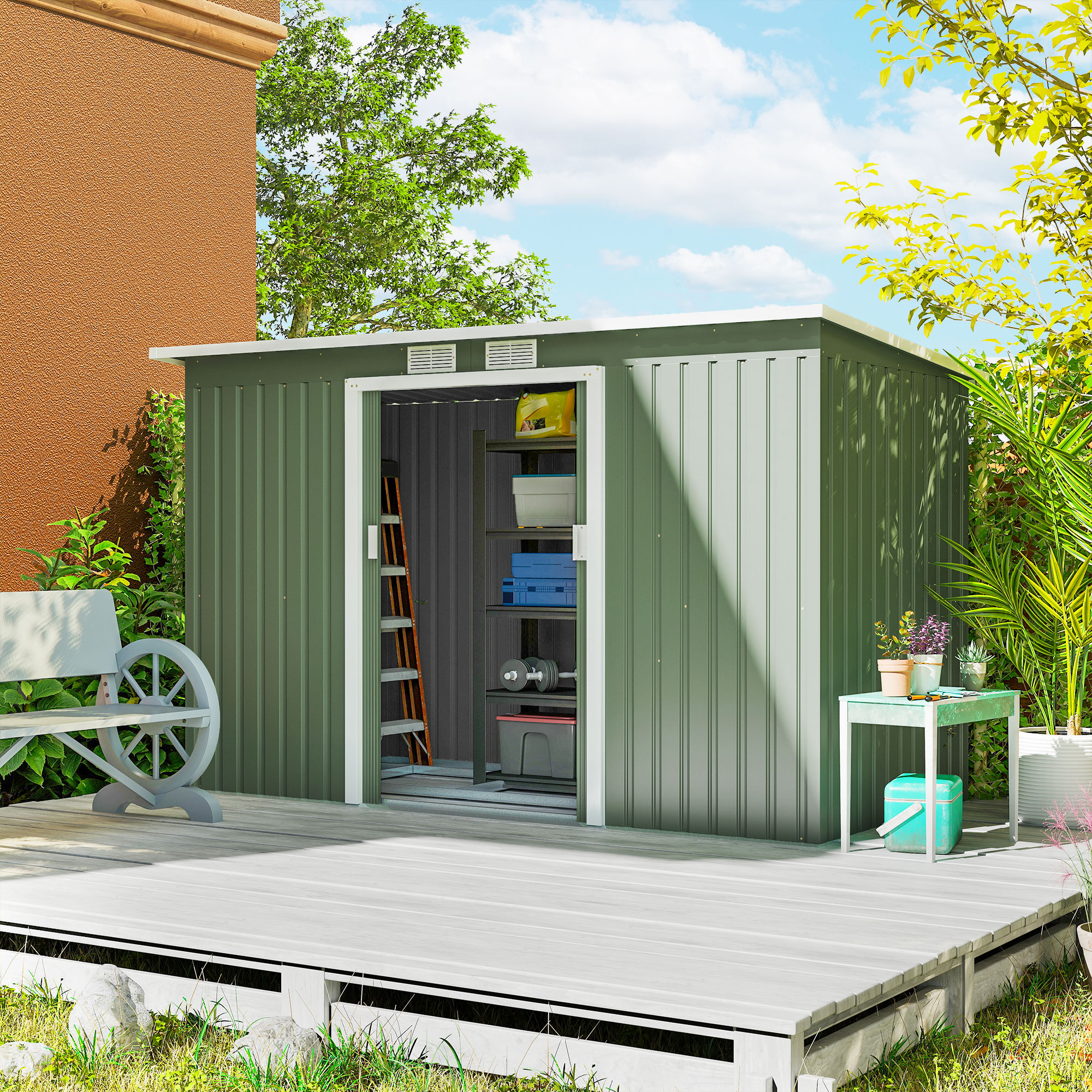 Outsunny 9ft x 4ft Metal Garden Shed, Outdoor Tool House with Foundation Kit, Ventilations and Double Doors, Light Green 2