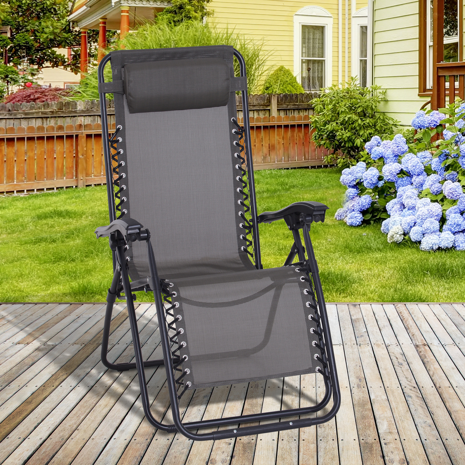 Outsunny Zero Gravity Chair Metal Frame Texteline Armchair Outdoor Folding and Reclining Sun Lounger with Head Pillow for Patio Decking Gardens Camping, Grey 2