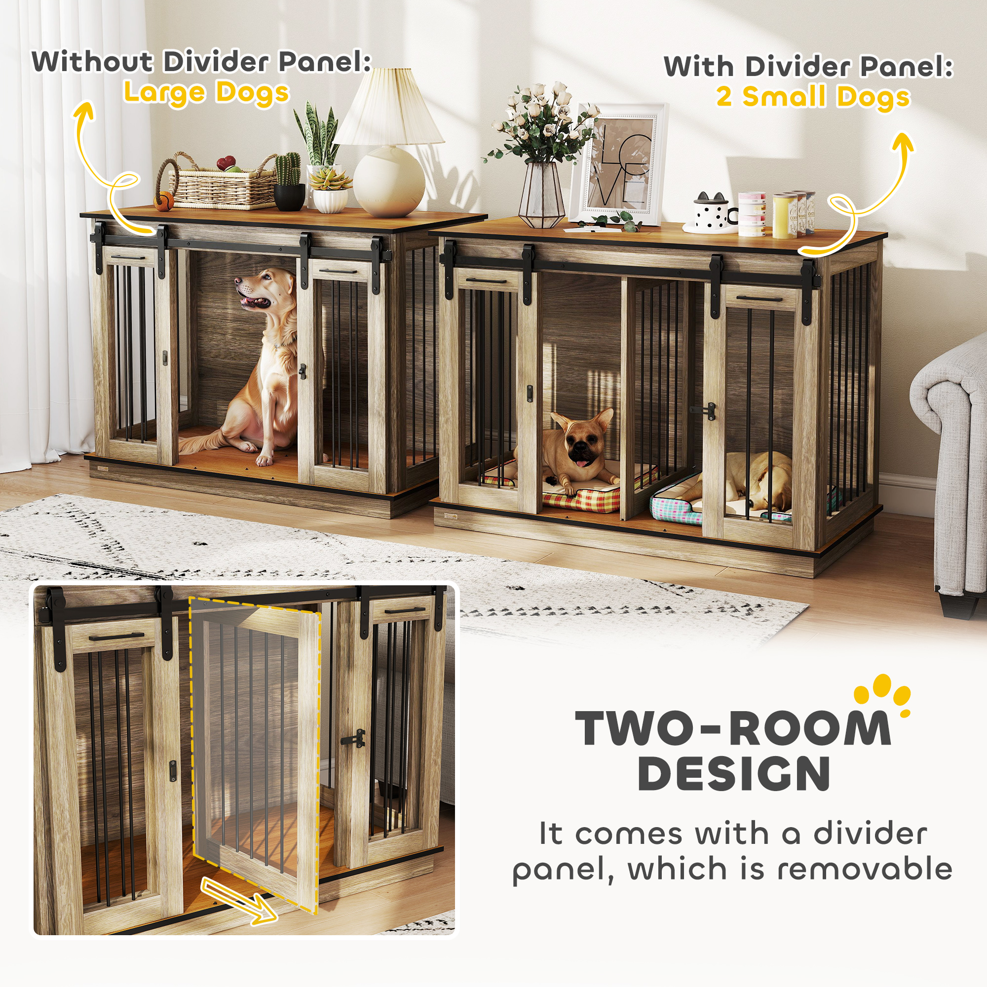 PawHut Dog Crate Furniture for Large Dogs, Double Dog Cage for Small Dogs, with Sliding Doors Oak Tone 5