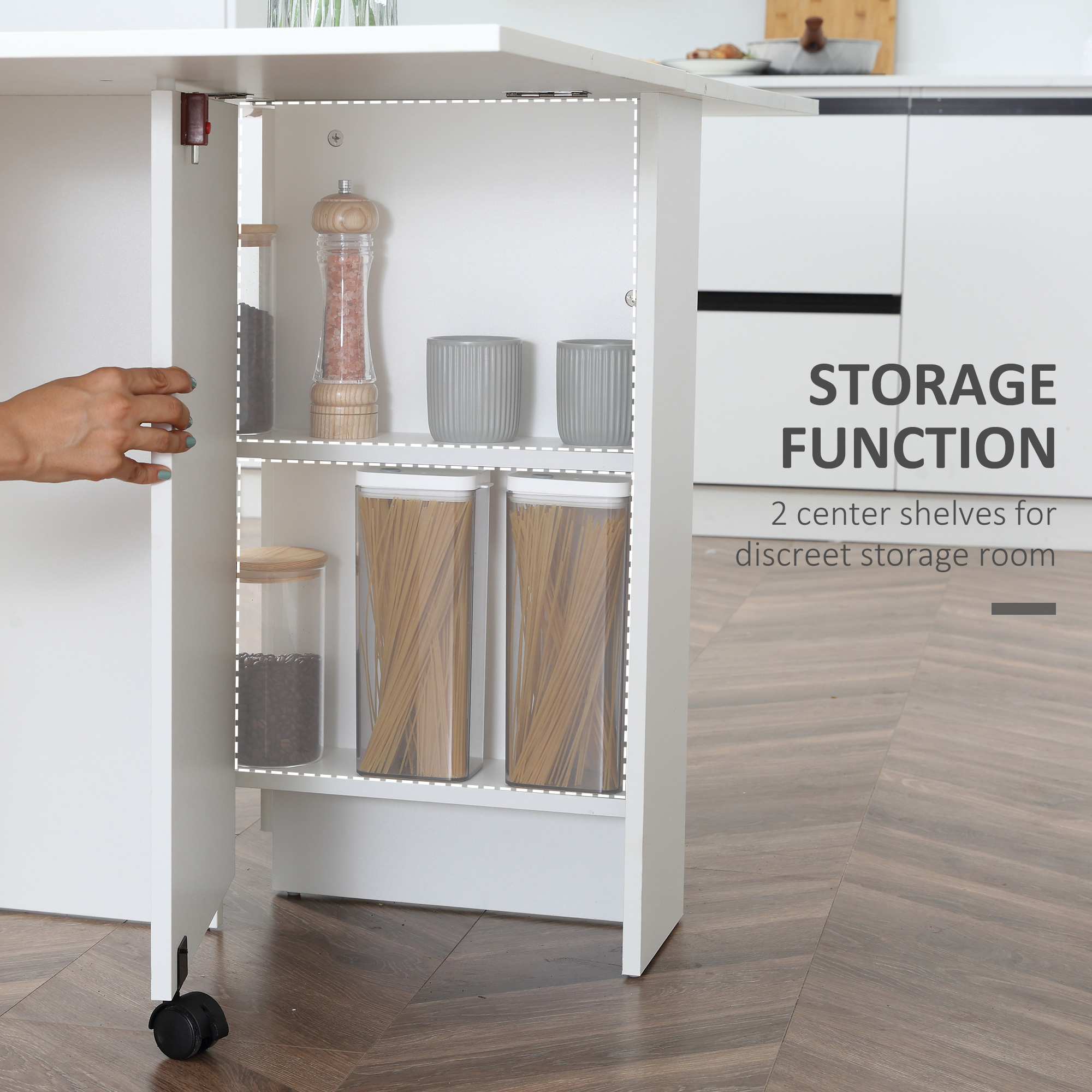 HOMCOM Folding Dining Table, Drop Leaf Table with 2-Tier Shelves, Rolling Casters, for Small Spaces, Kitchen, White 5