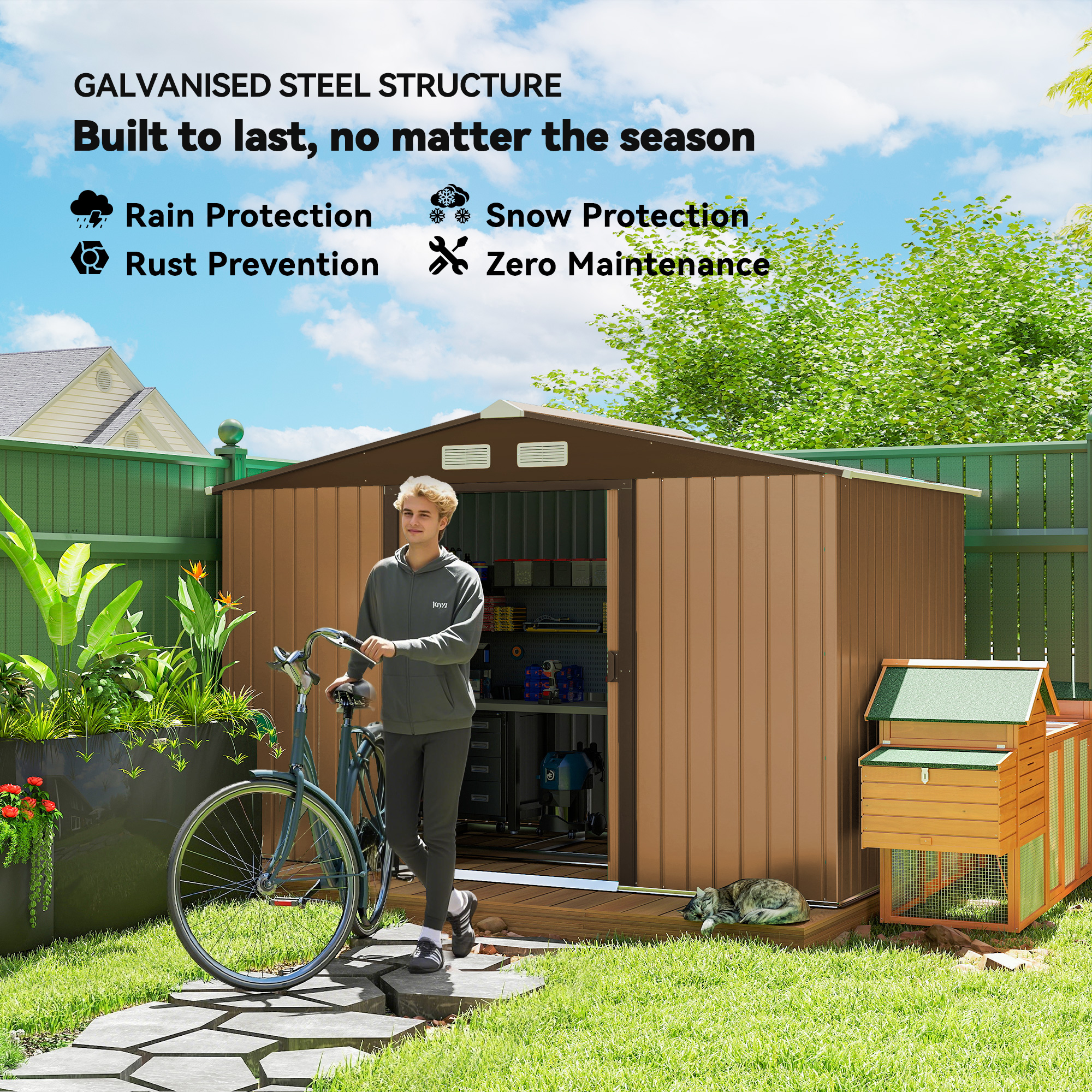 Outsunny 9 x 6ft Metal Garden Shed, Outdoor Storage Tool House with Ventilation Slots, Foundation Kit and Lockable Double Doors, Light Brown 4