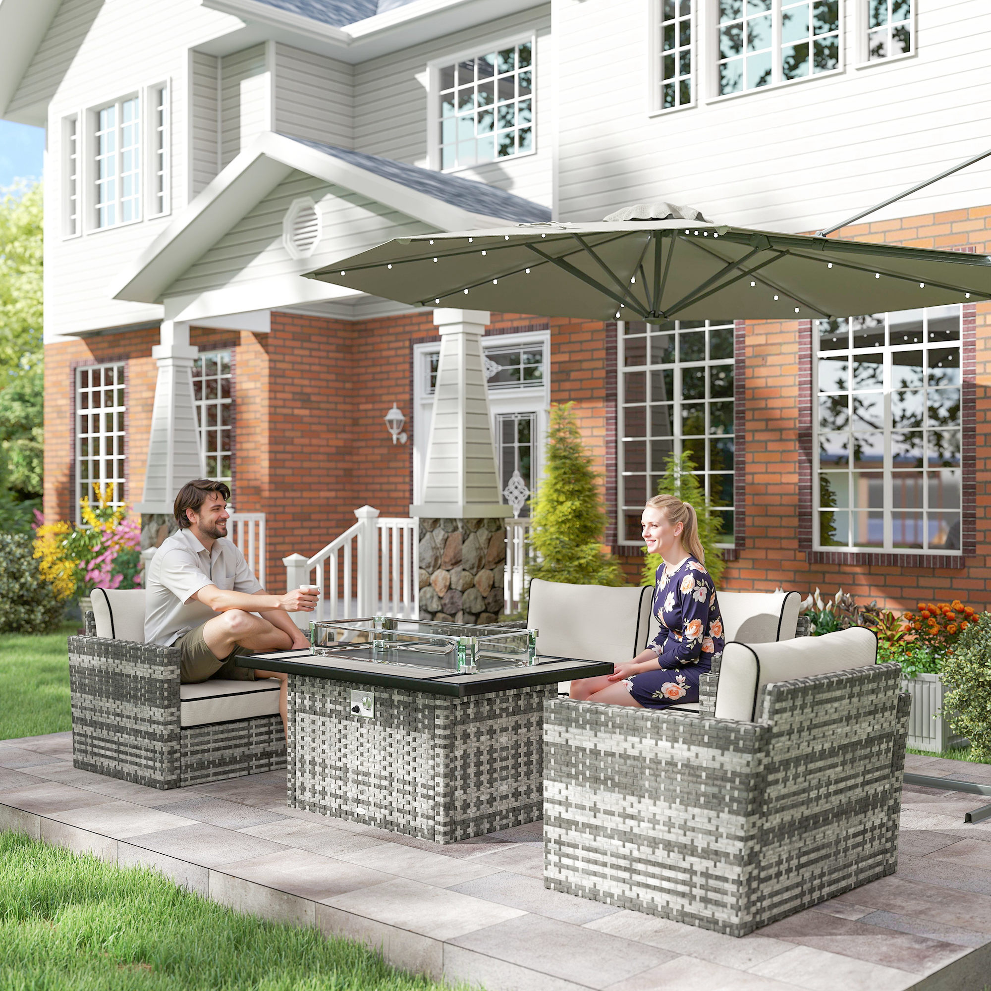 Outsunny 5-Piece Rattan Patio Furniture Set with Gas Fire Pit Table, Loveseat Sofa, Armchairs, Cushions, Pillows, Grey 9