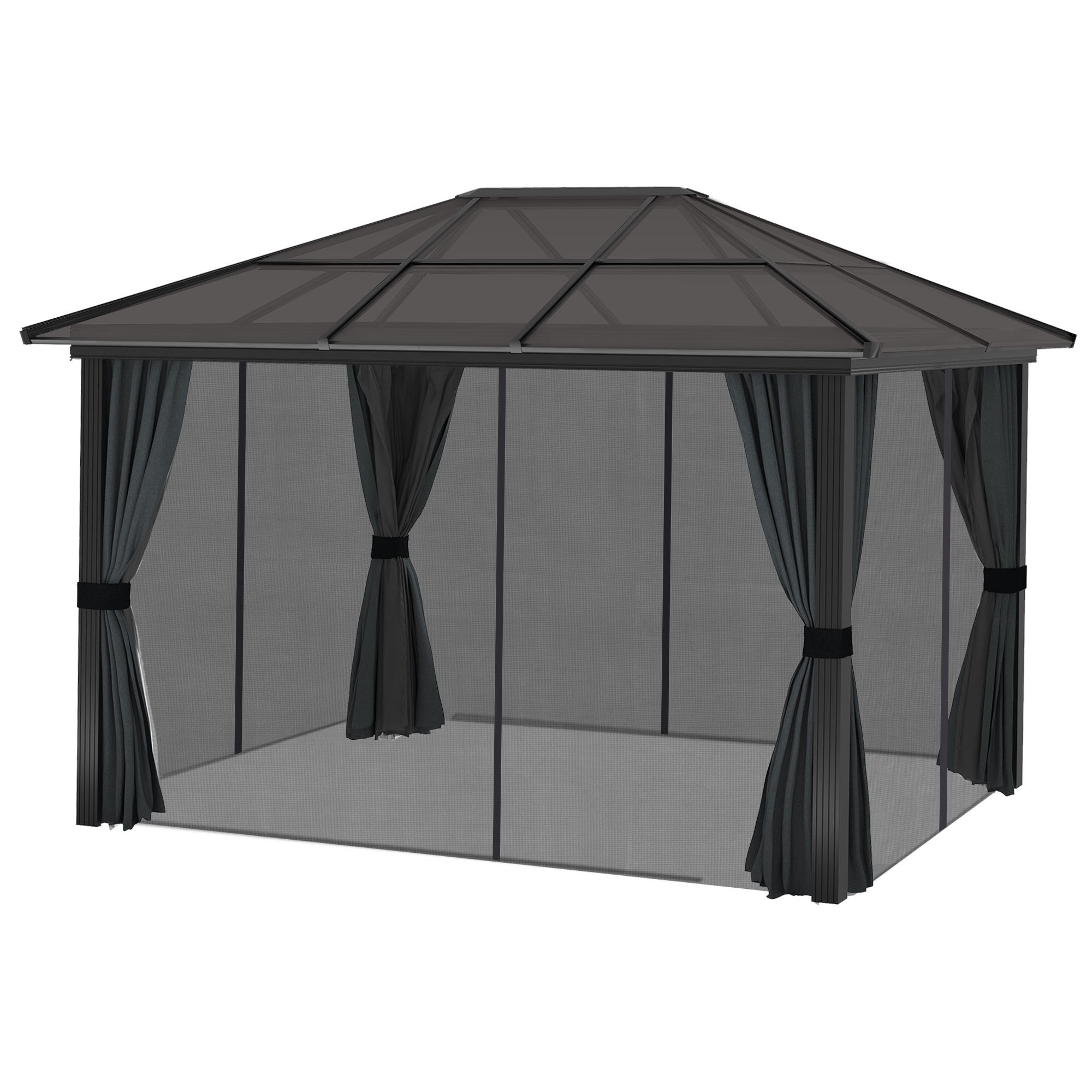 Outsunny 3 x 3.6m Hardtop Gazebo Canopy with Polycarbonate Roof, Aluminium Frame, Permanent Pavilion Garden Gazebo with Netting and Curtains for Patio, Deck, Dark Grey 8