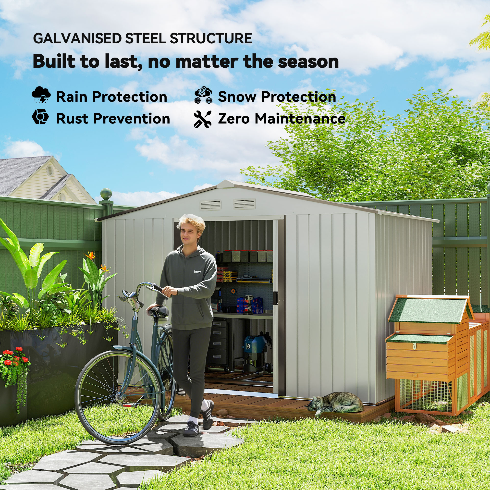 Outsunny Metal Bike Shed, Mobility Scooter Shed House with Foundation Kit, Ventilation, Doors, 9 x 6FT, Silver 4