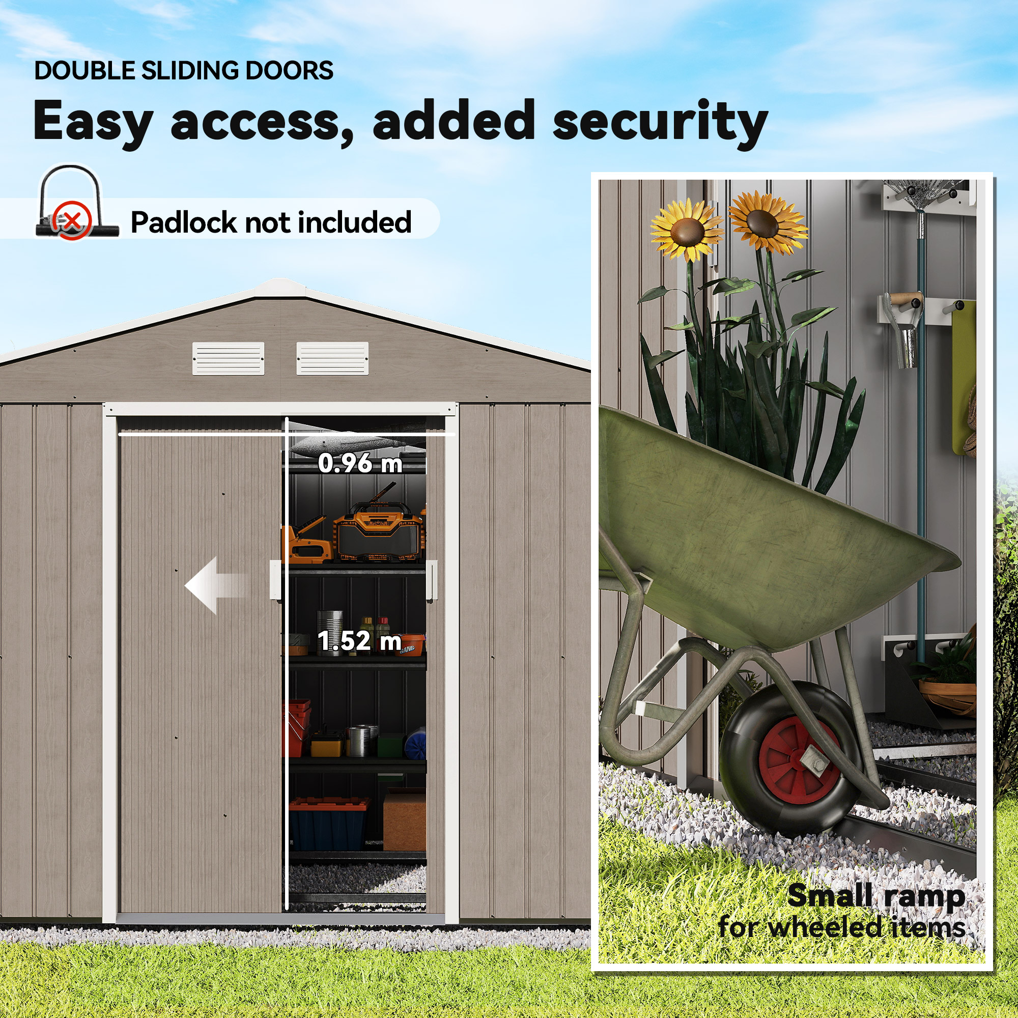 Outsunny 9 x 6ft Steel Garden Shed, Outdoor Storage Tool House with Vents, Foundation and Lockable Double Doors, Brown 5