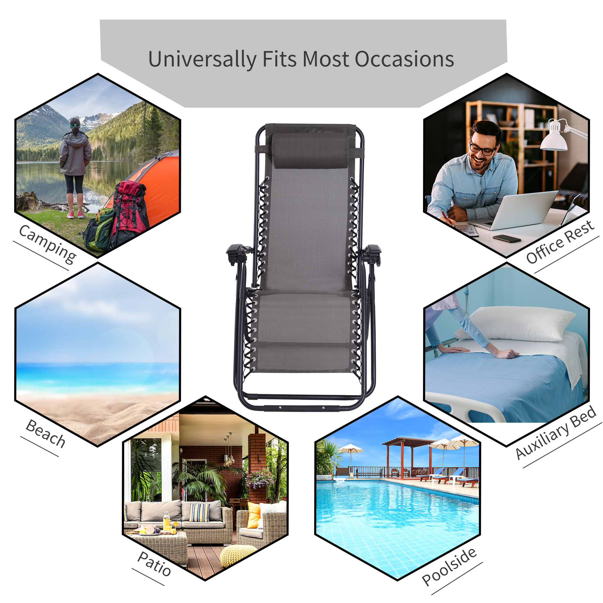 Outsunny Zero Gravity Chair Metal Frame Texteline Armchair Outdoor Folding and Reclining Sun Lounger with Head Pillow for Patio Decking Gardens Camping, Grey 4