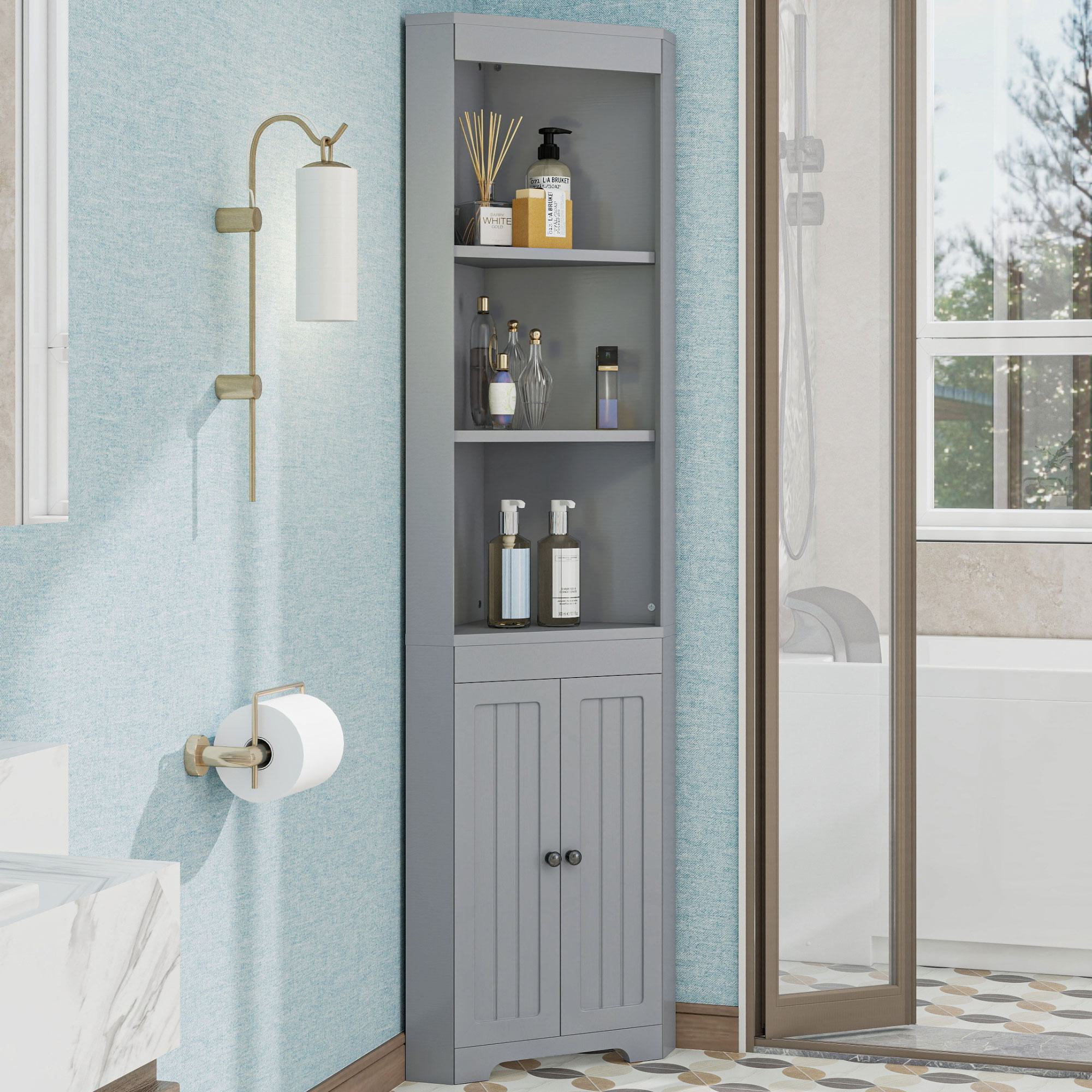Badezimmer-Hochschrank mit Drei offenen Ablagefächern, 49,5x35x170 cm, Grau günstig online kaufen