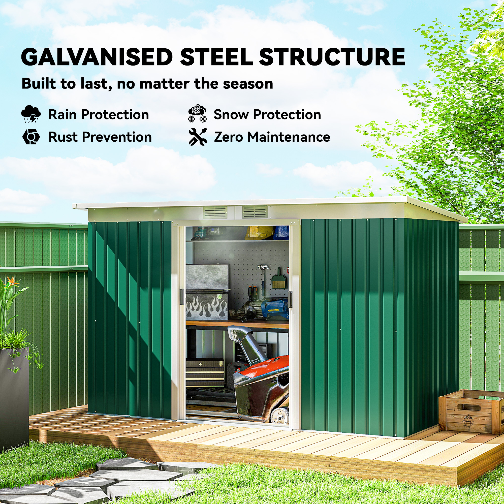 Outsunny 9ft x 4ft Metal Garden Shed, Outdoor Tool House with Foundation Kit, Ventilations and Double Doors, Deep Green 4