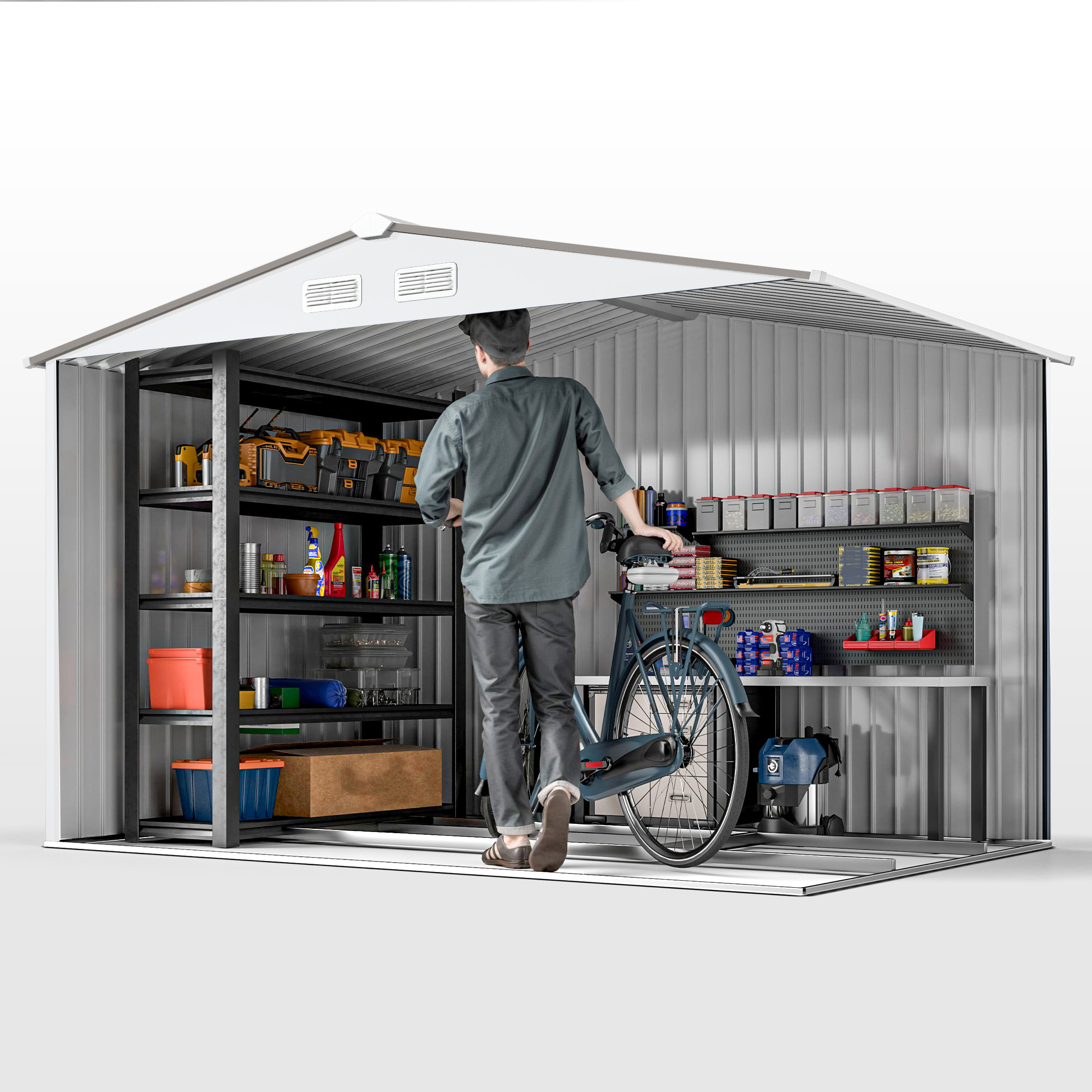 Outsunny Metal Bike Shed, Mobility Scooter Shed House with Foundation Kit, Ventilation, Doors, 9 x 6FT, Silver 9