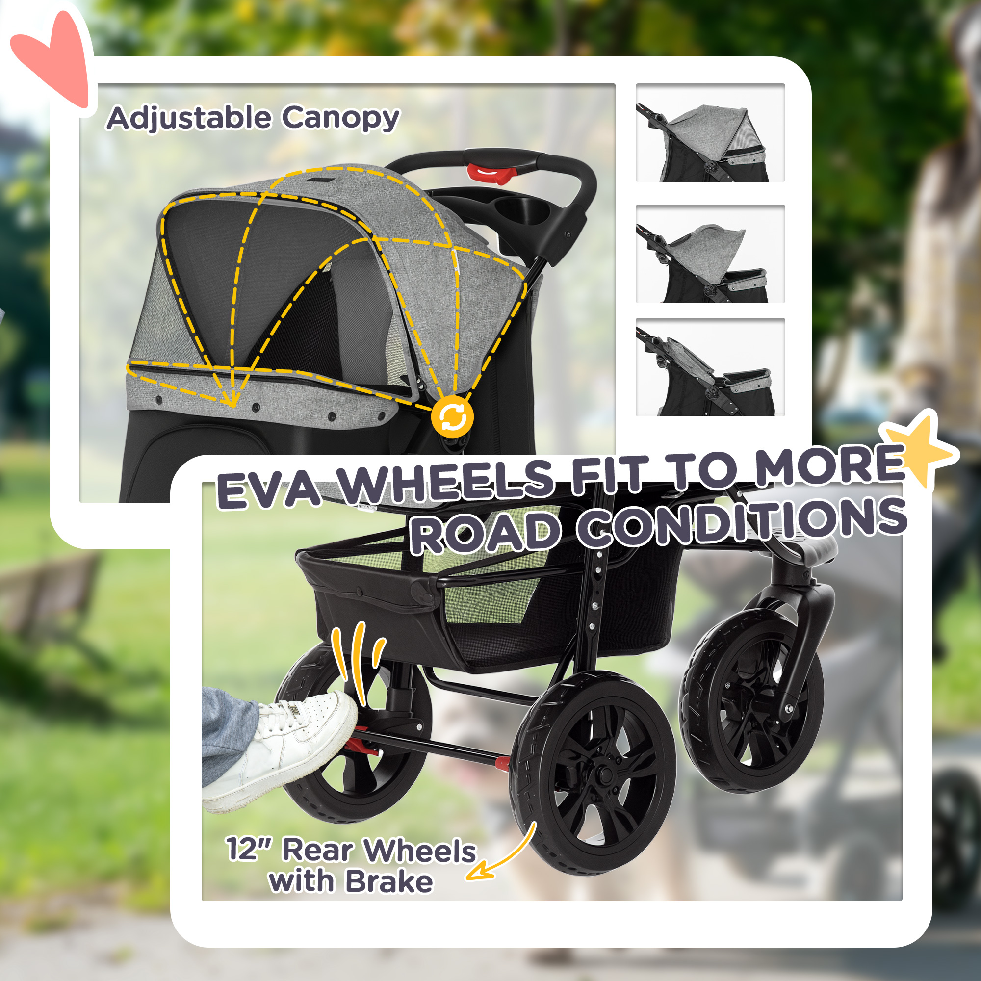 PawHut Dog Stroller Pram, 3-Wheel Foldable Pet Stroller with Invisible Sky Roof, for Small Dogs & Cats, Red 7