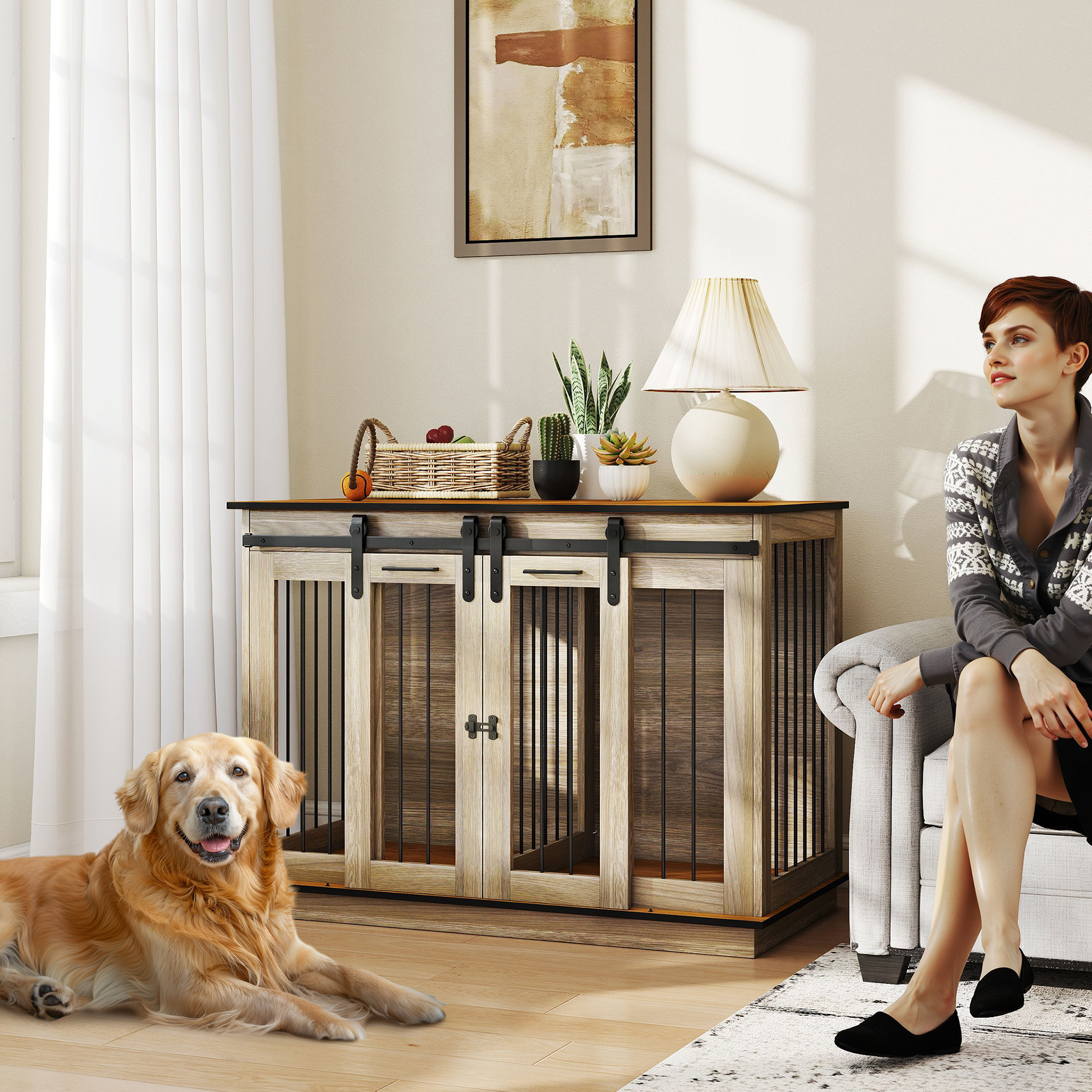 PawHut Dog Crate Furniture for Large Dogs, Double Dog Cage for Small Dogs, with Sliding Doors Oak Tone 2