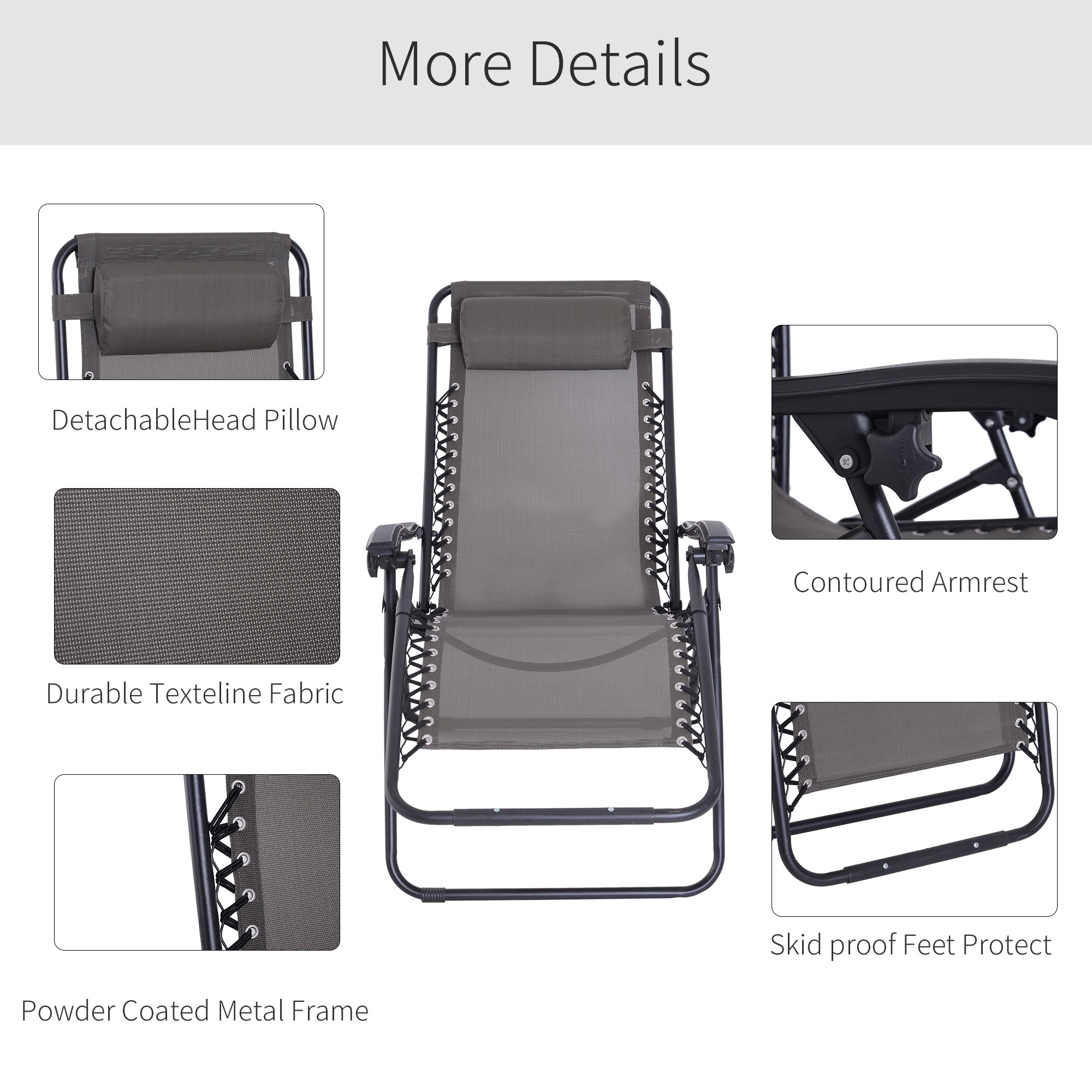 Outsunny Zero Gravity Chair Metal Frame Texteline Armchair Outdoor Folding and Reclining Sun Lounger with Head Pillow for Patio Decking Gardens Camping, Grey 5