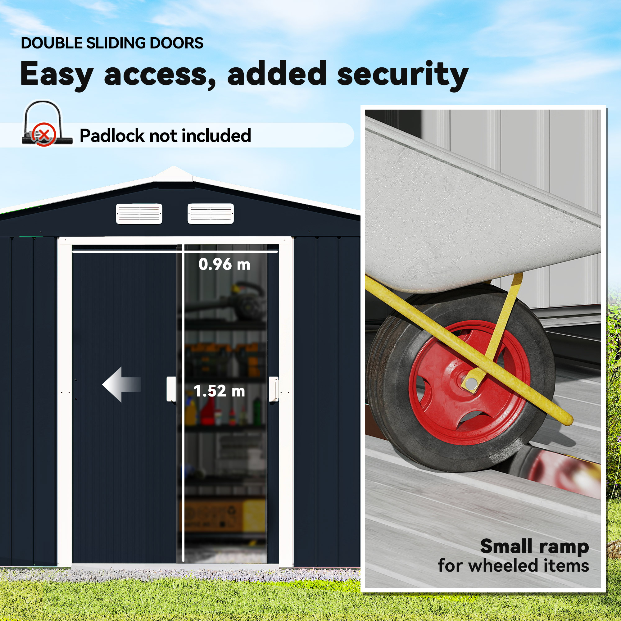 Outsunny 9 x 6ft Metal Bicycle Shed, Outdoor Storage Tool House with Ventilation Slots, Foundation Kit and Lockable Double Doors, Dark Grey 5