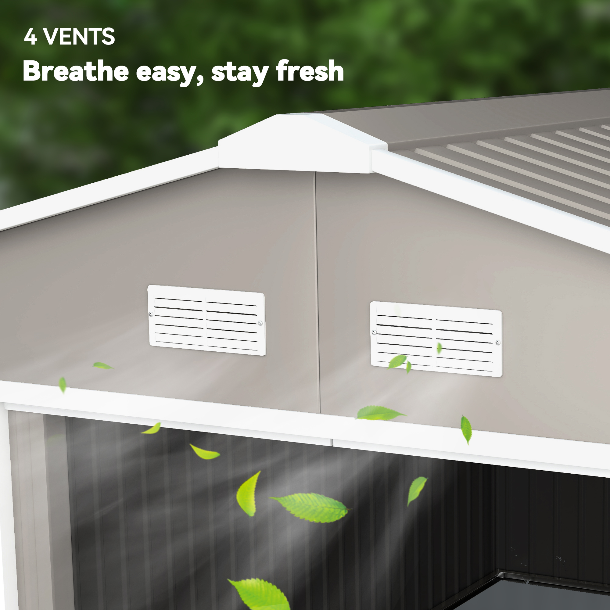 Outsunny 13 x 11ft Large Garden Shed, Mental Garden Storage Shed with Foundation Kit Ventilation & Doors, Light Grey 8