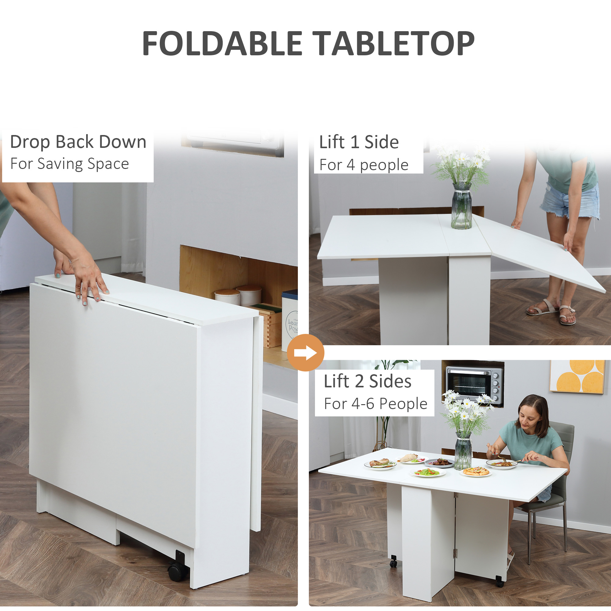 HOMCOM Folding Dining Table, Drop Leaf Table with 2-Tier Shelves, Rolling Casters, for Small Spaces, Kitchen, White 4