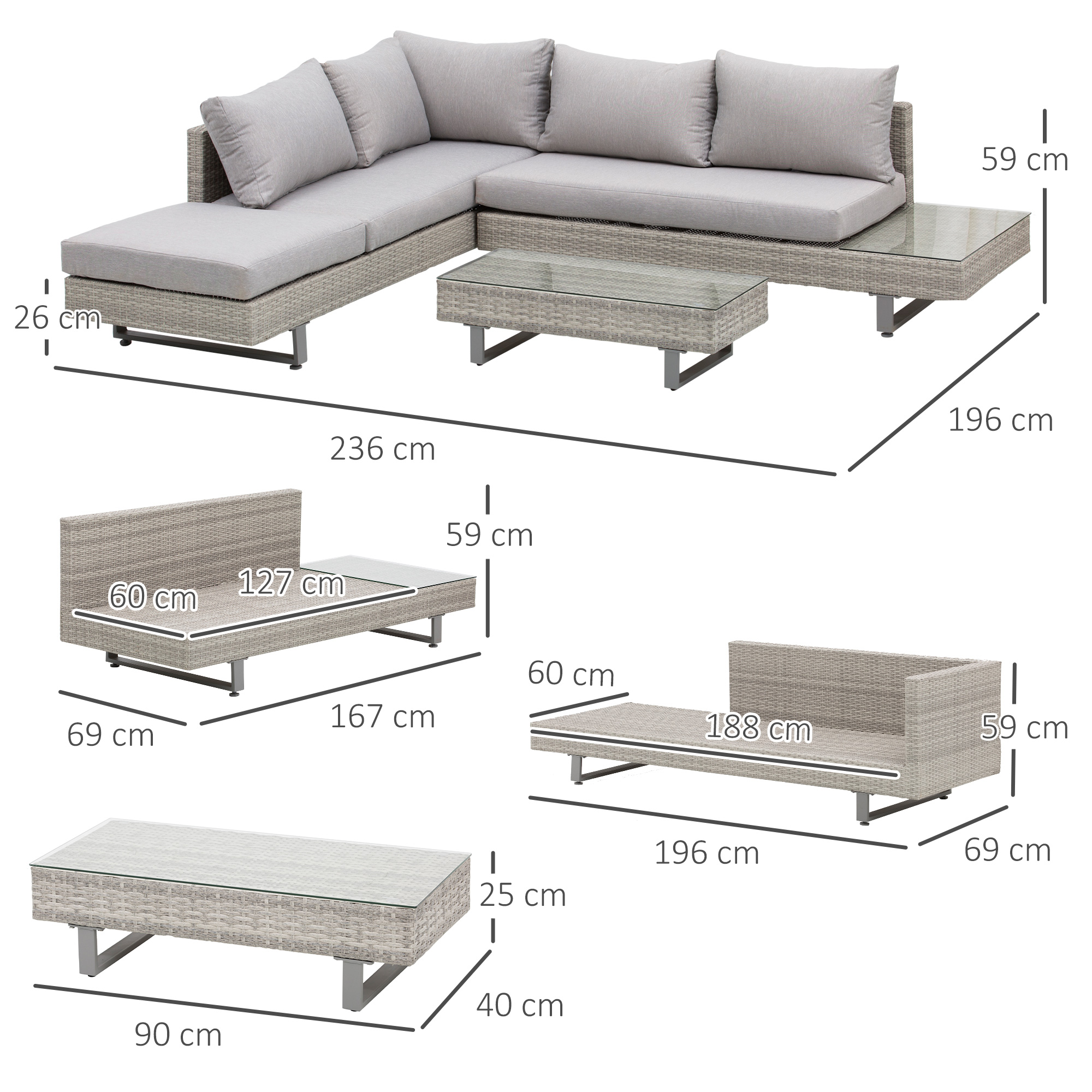 Outsunny Three-Piece Corner Rattan Set, with Glass Tables 3