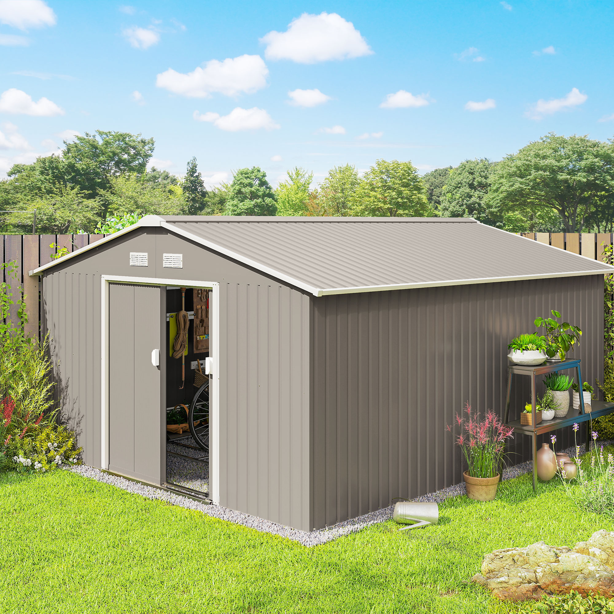 Outsunny 13 x 11ft Large Garden Shed, Mental Garden Storage Shed with Foundation Kit Ventilation & Doors, Light Grey 2