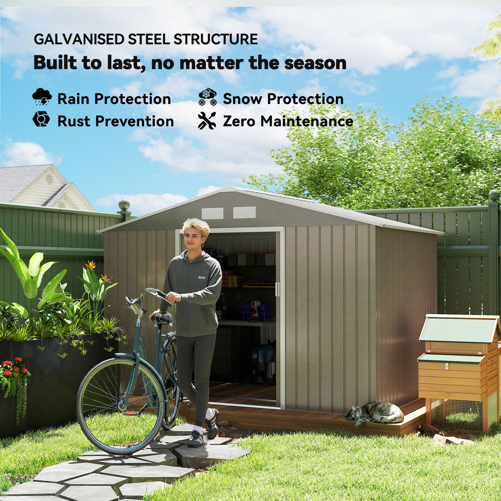 Outsunny 9 x 6ft Steel Garden Shed, Outdoor Storage Tool House with Vents, Foundation and Lockable Double Doors, Brown 4
