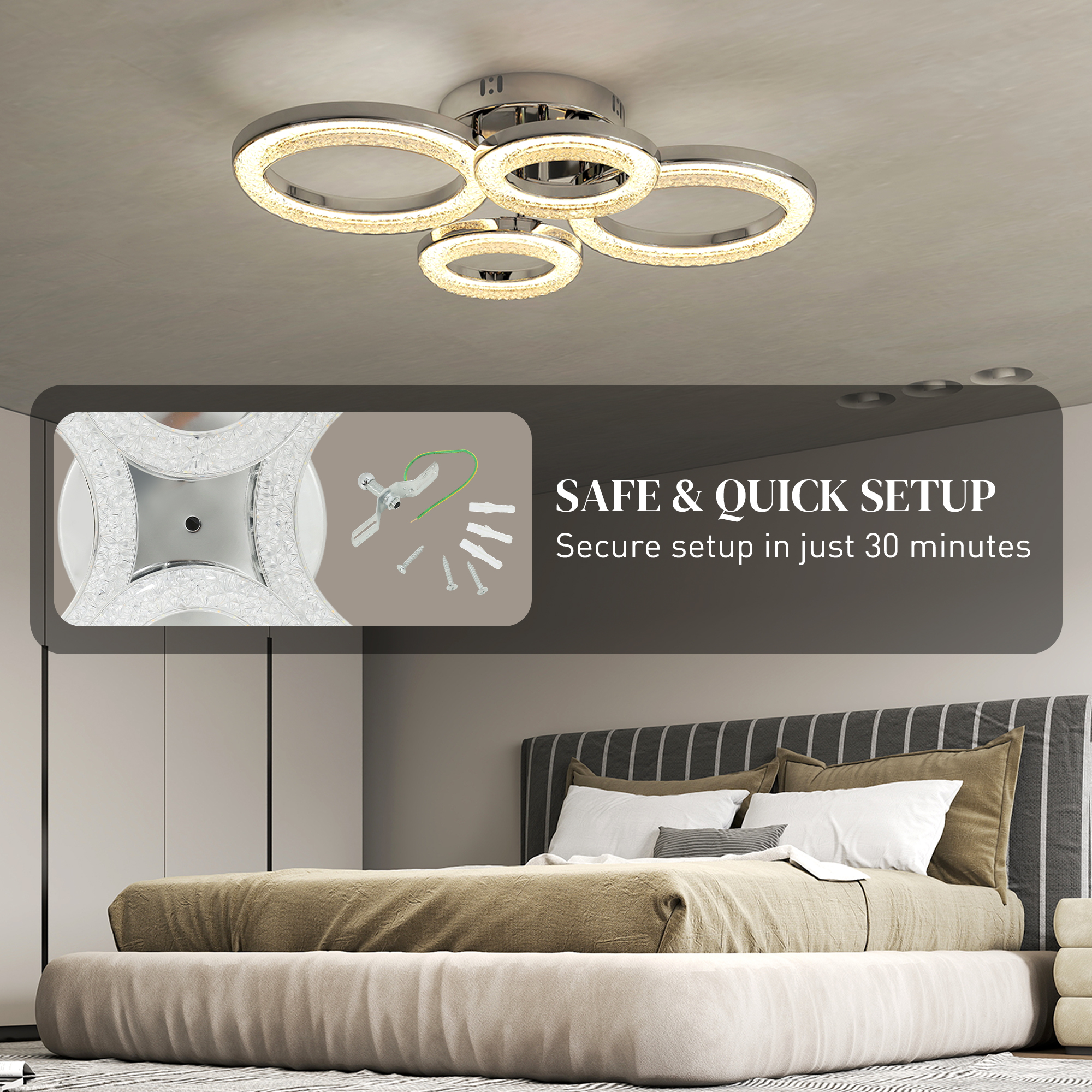 HOMCOM LED Ceiling Light, Modern 4 Rings Ceiling Lamp with Wall Switch Control, 40W 4350lm Flush Mount Ceiling Light with 3500K/4500K/6000K Colour Temperatures for Living Room, Bedroom, Silver Tone 6