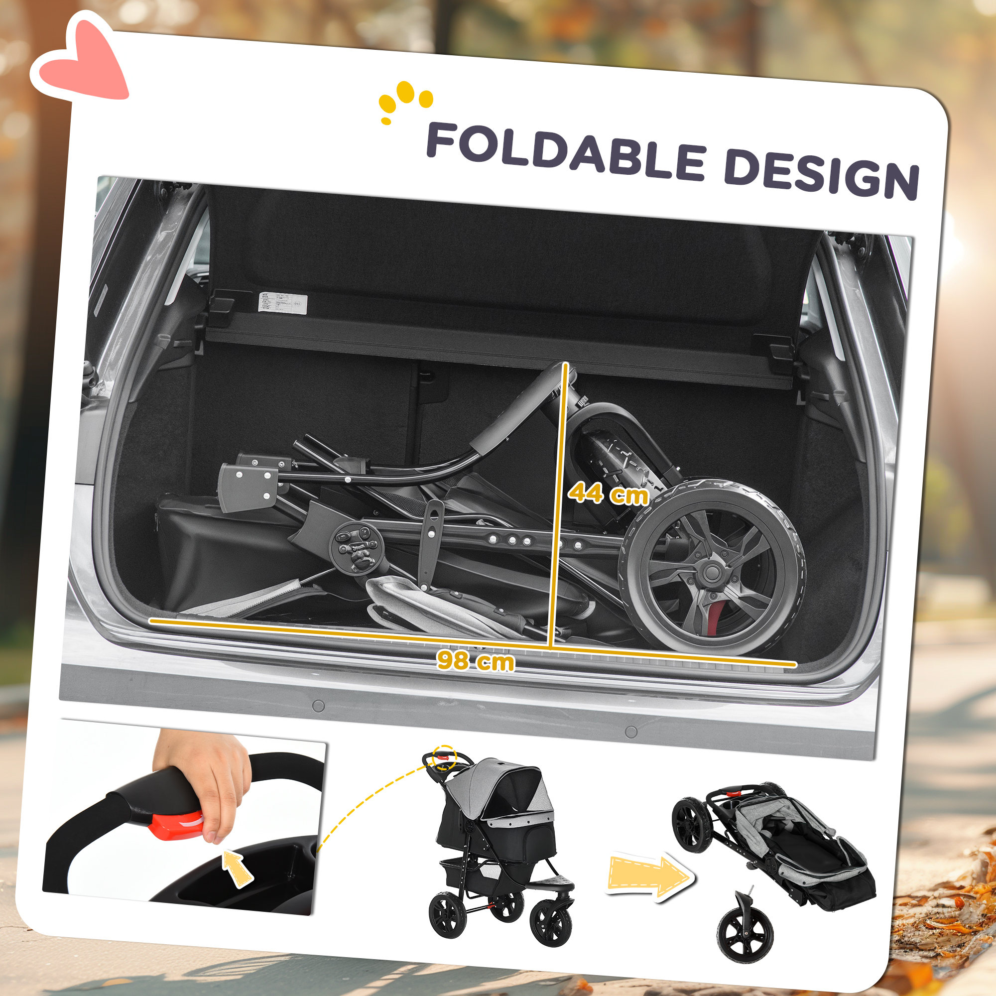 PawHut Dog Stroller Pram, 3-Wheel Foldable Pet Stroller with Invisible Sky Roof, for Small Dogs & Cats, Red 6