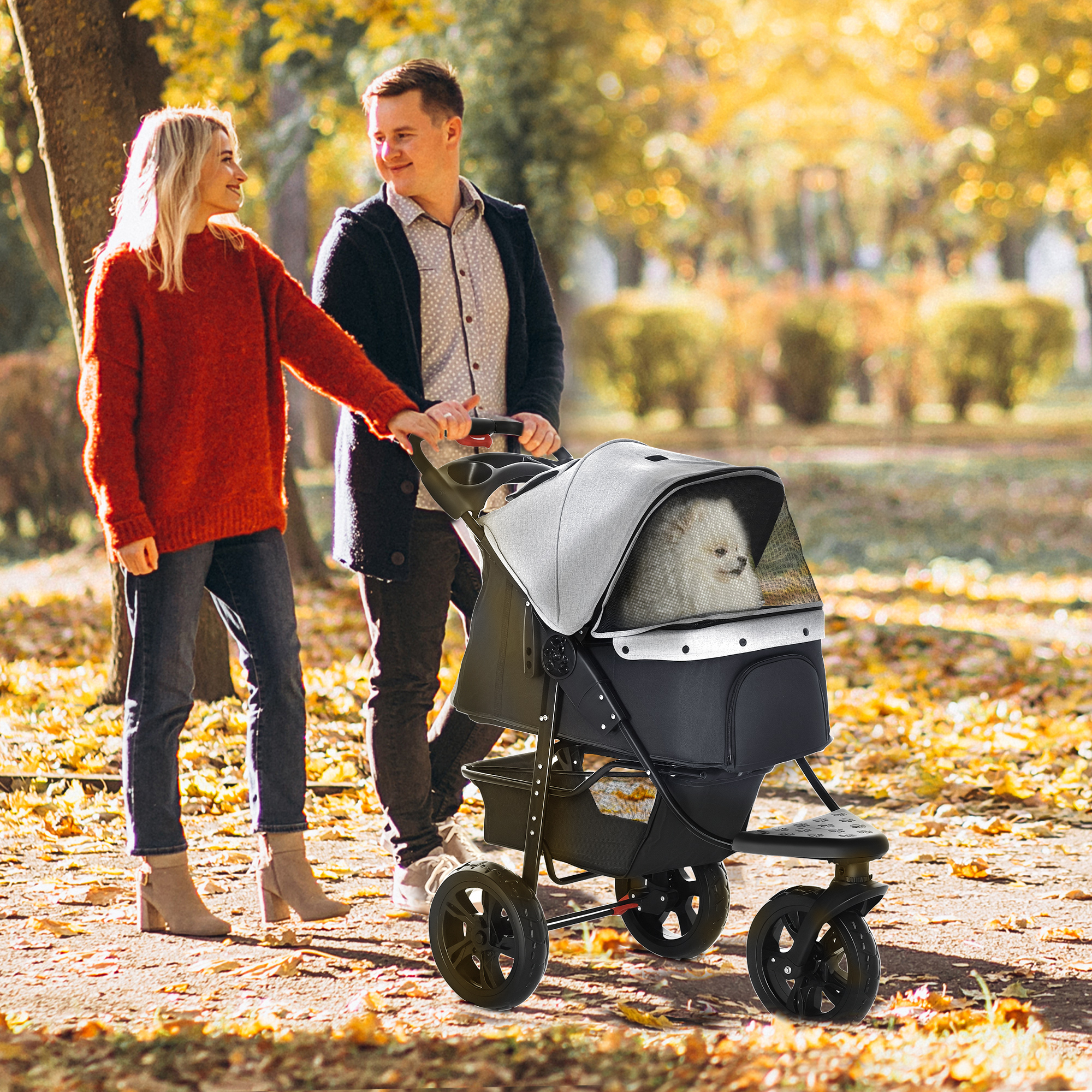 PawHut Dog Stroller Pram, 3-Wheel Foldable Pet Stroller with Invisible Sky Roof, for Small Dogs & Cats, Red 2