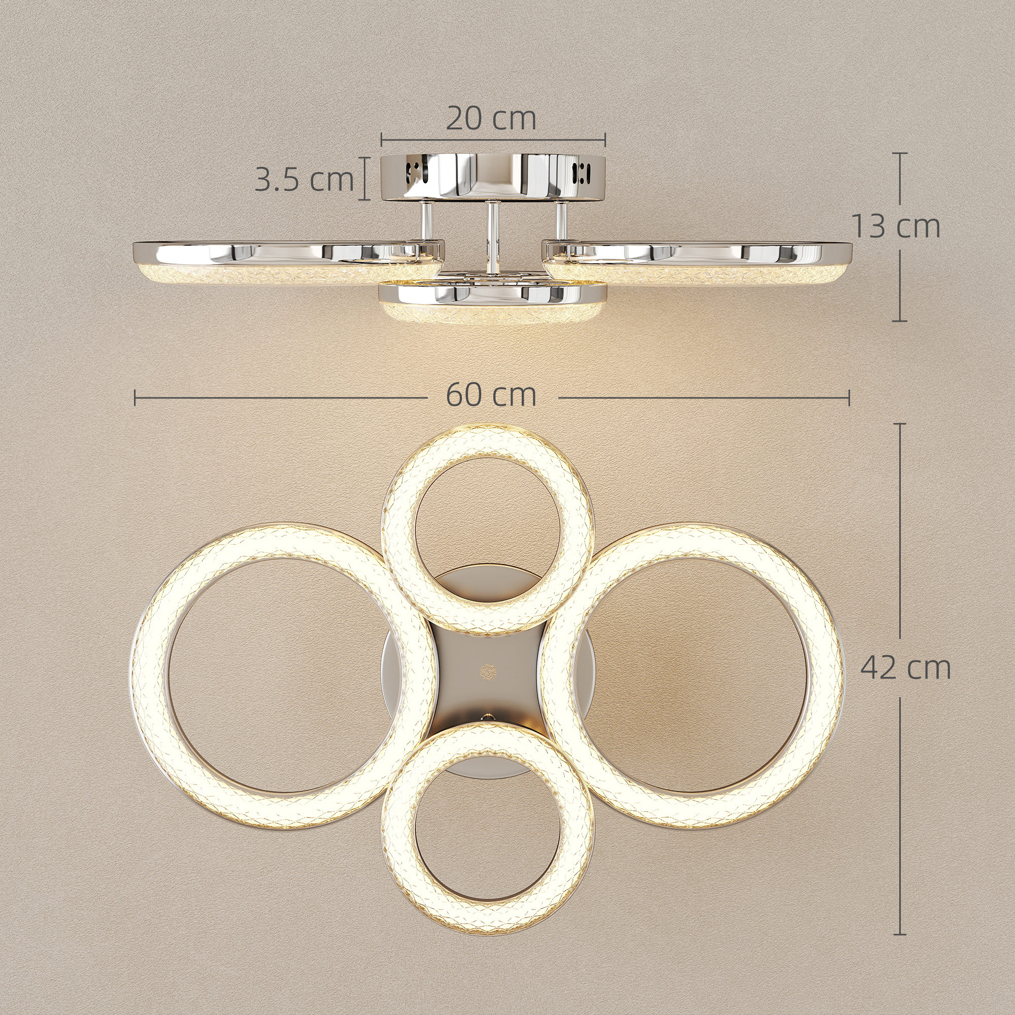 HOMCOM LED Ceiling Light, Modern 4 Rings Ceiling Lamp with Wall Switch Control, 40W 4350lm Flush Mount Ceiling Light with 3500K/4500K/6000K Colour Temperatures for Living Room, Bedroom, Silver Tone 3