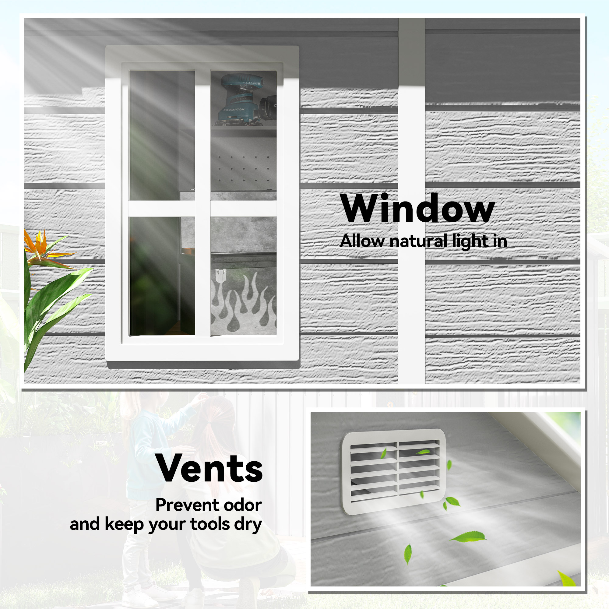 Outsunny 6 x 5ft Garden Shed, Plastic Shed with Floor, Window, Lockable Doors and Vents, Wood Effect Resin Tool Shed for Outdoor Patio, Dark Grey 7
