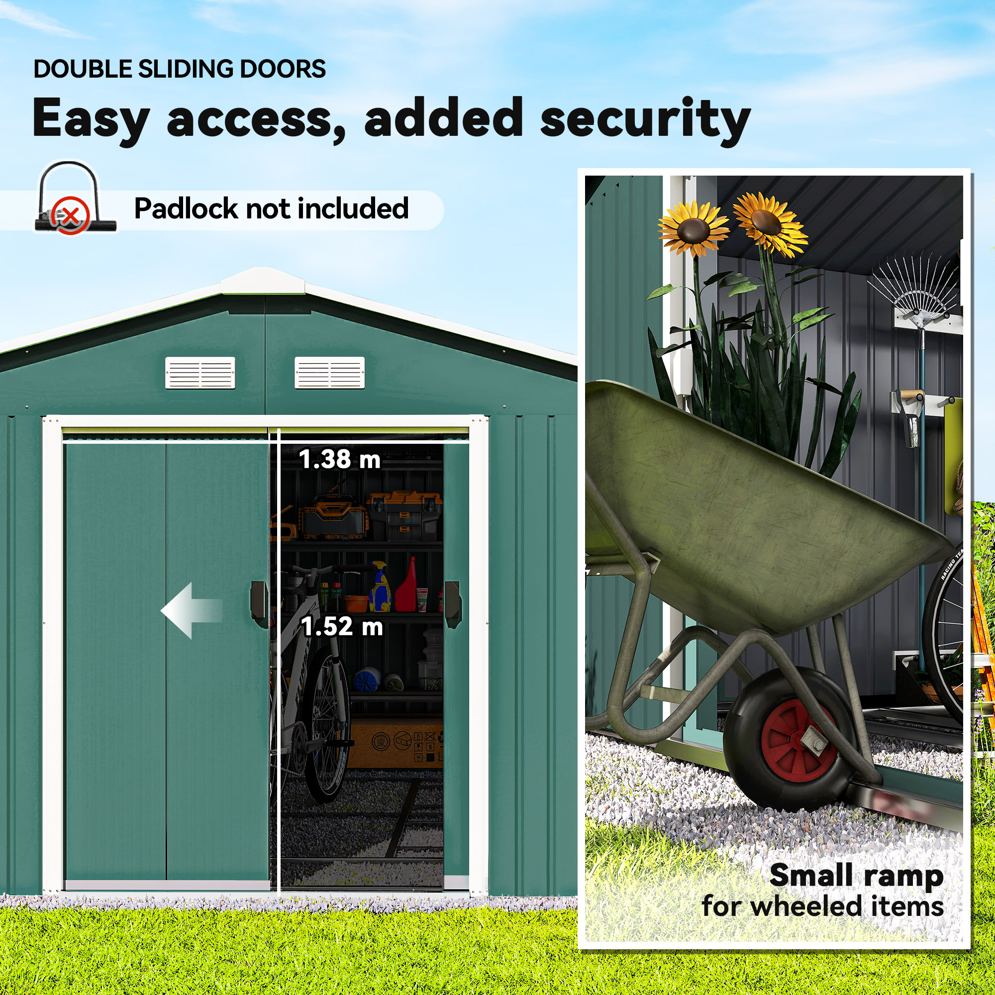Outsunny 12.5 x 11.1ft Steel Sliding Door Storage Shed Green 5