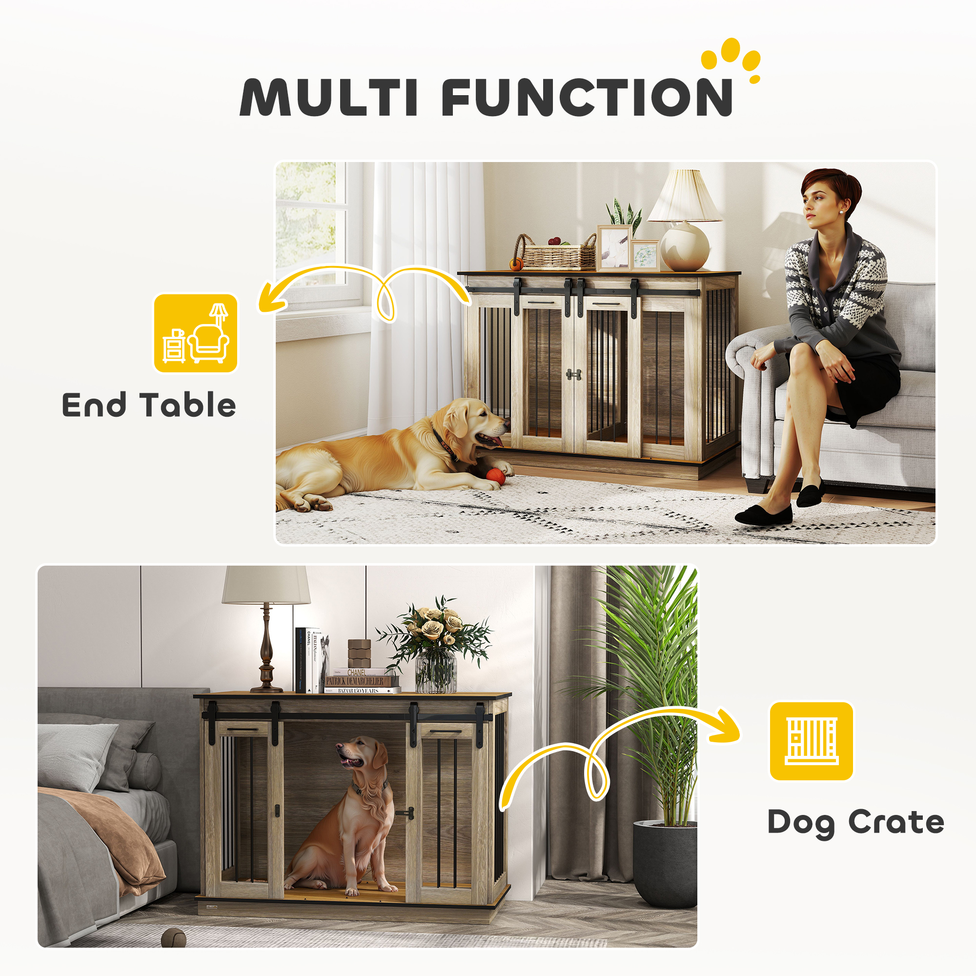 PawHut Dog Crate Furniture for Large Dogs, Double Dog Cage for Small Dogs, with Sliding Doors Oak Tone 4