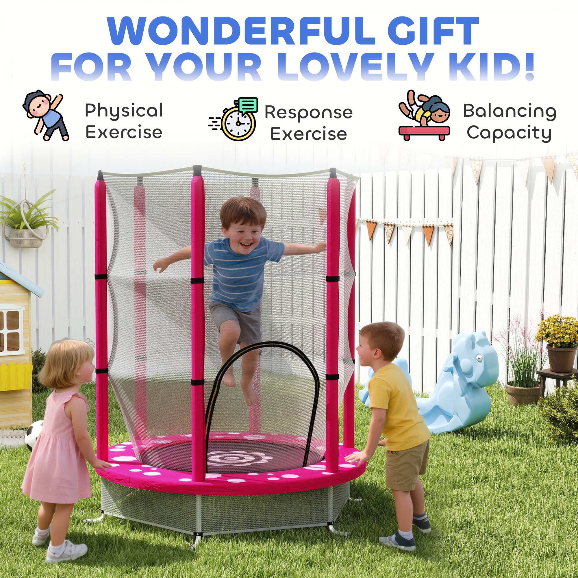 AIYAPLAY 4.6ft Toddler Trampoline w/ Safety Enclosure Net, for Indoor Outdoor Use, Ages 3-6 Years, Pink 9