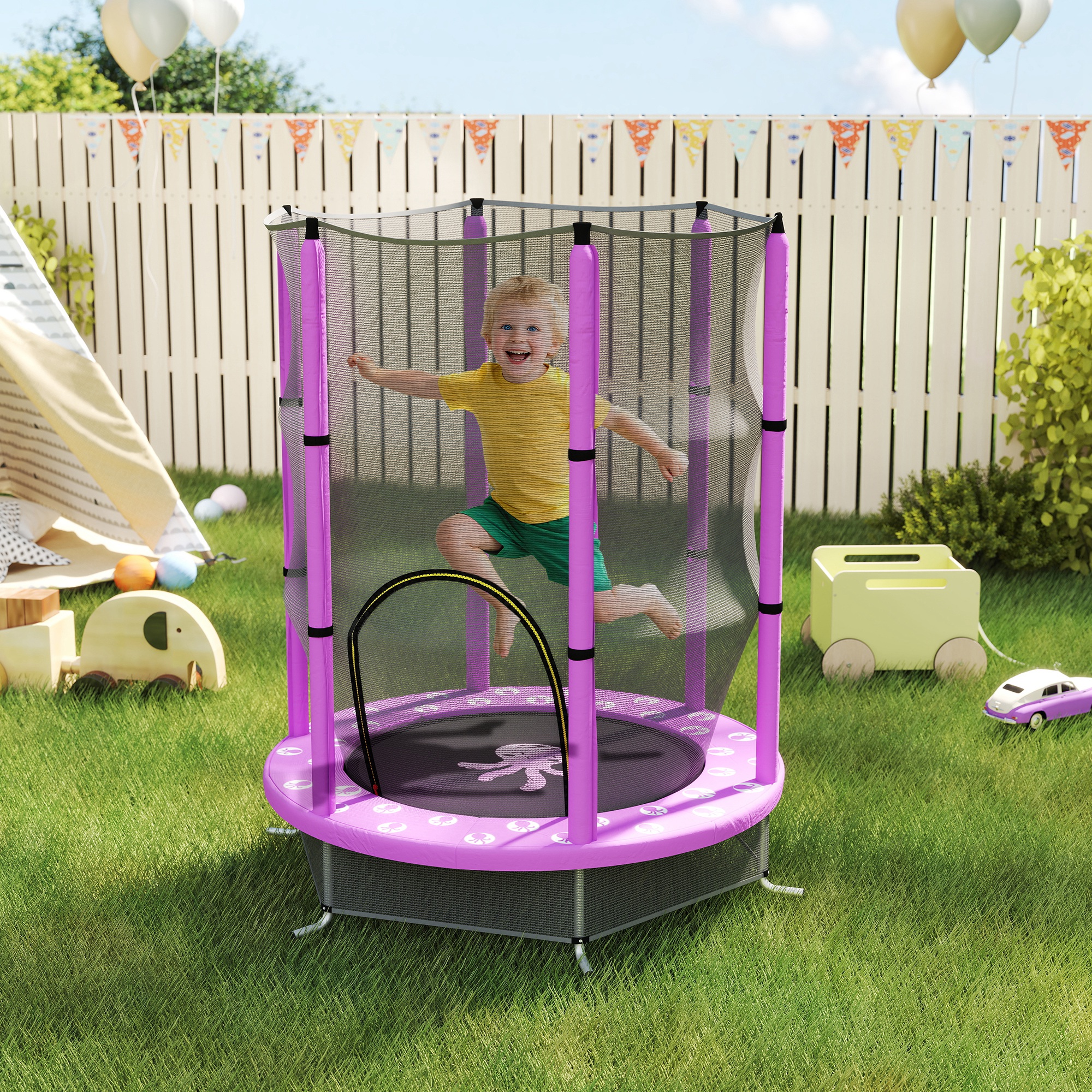 AIYAPLAY 4.6ft Toddler Trampoline w/ Safety Enclosure Net, for Indoor Outdoor Use, Ages 3-6 Years, Purple 2