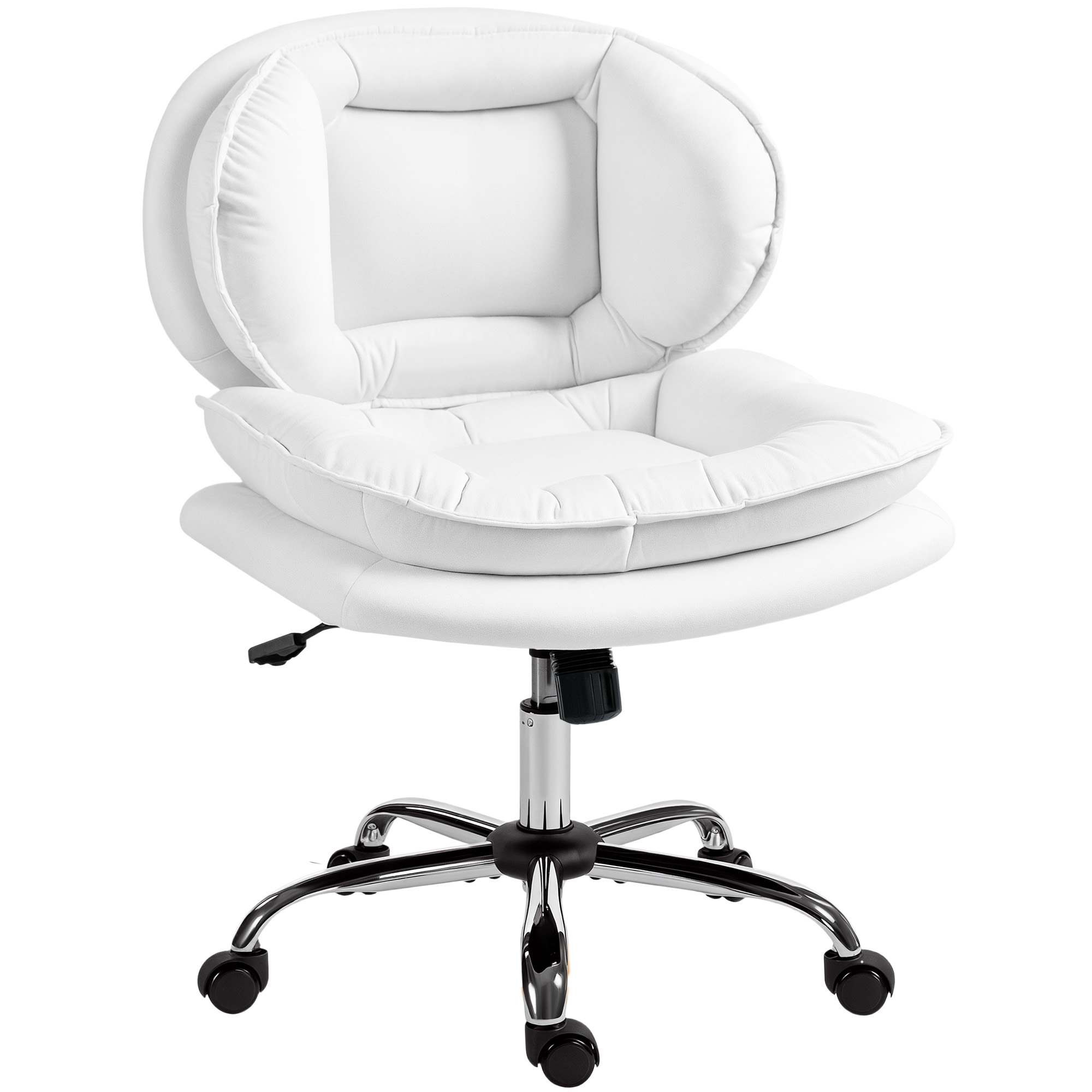 HOMCOM Silla de Oficina Piernas Cruzadas con Asiento Ancho Ruedas Altura Ajustable Doble Acolchado Función Basculante Blanco