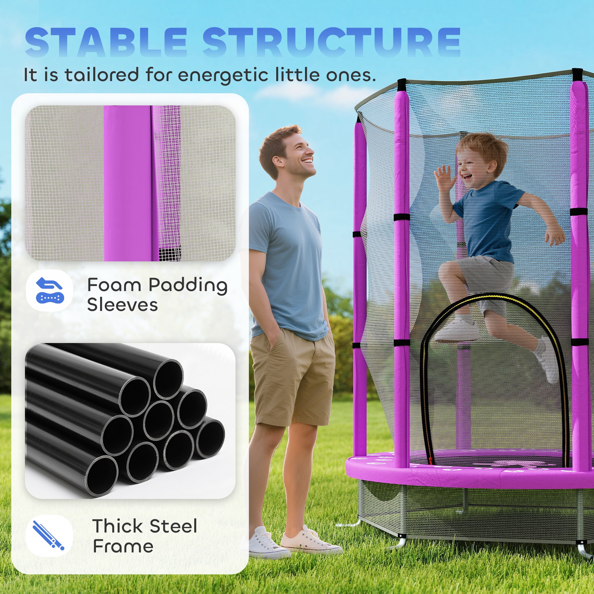AIYAPLAY 4.6ft Toddler Trampoline w/ Safety Enclosure Net, for Indoor Outdoor Use, Ages 3-6 Years, Purple 4