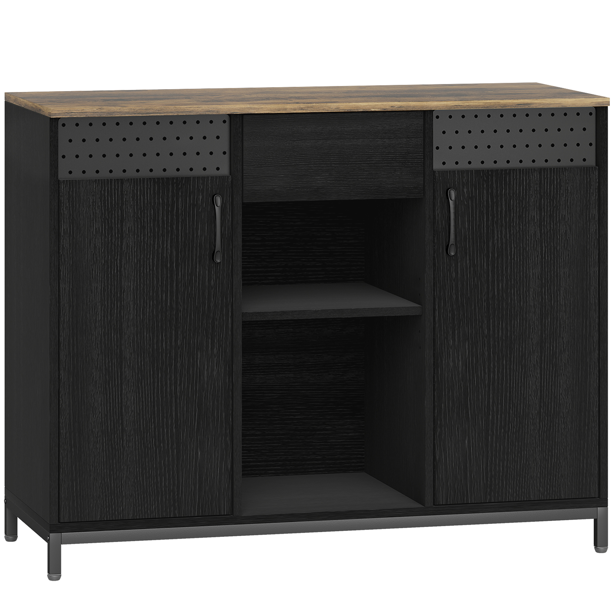 HOMCOM Aparador de 2 Puertas con Orificios 2 Compartimentos y Cajón Estantes Ajustables 100x40x80 cm Negro y Marrón Rústico