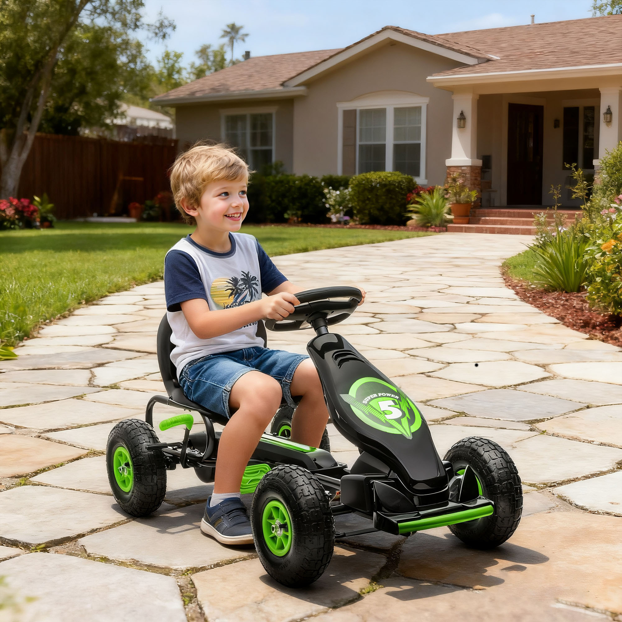 HOMCOM Kids Pedal Go Kart, with Adjustable Seat, Inflatable Tyres Green 2