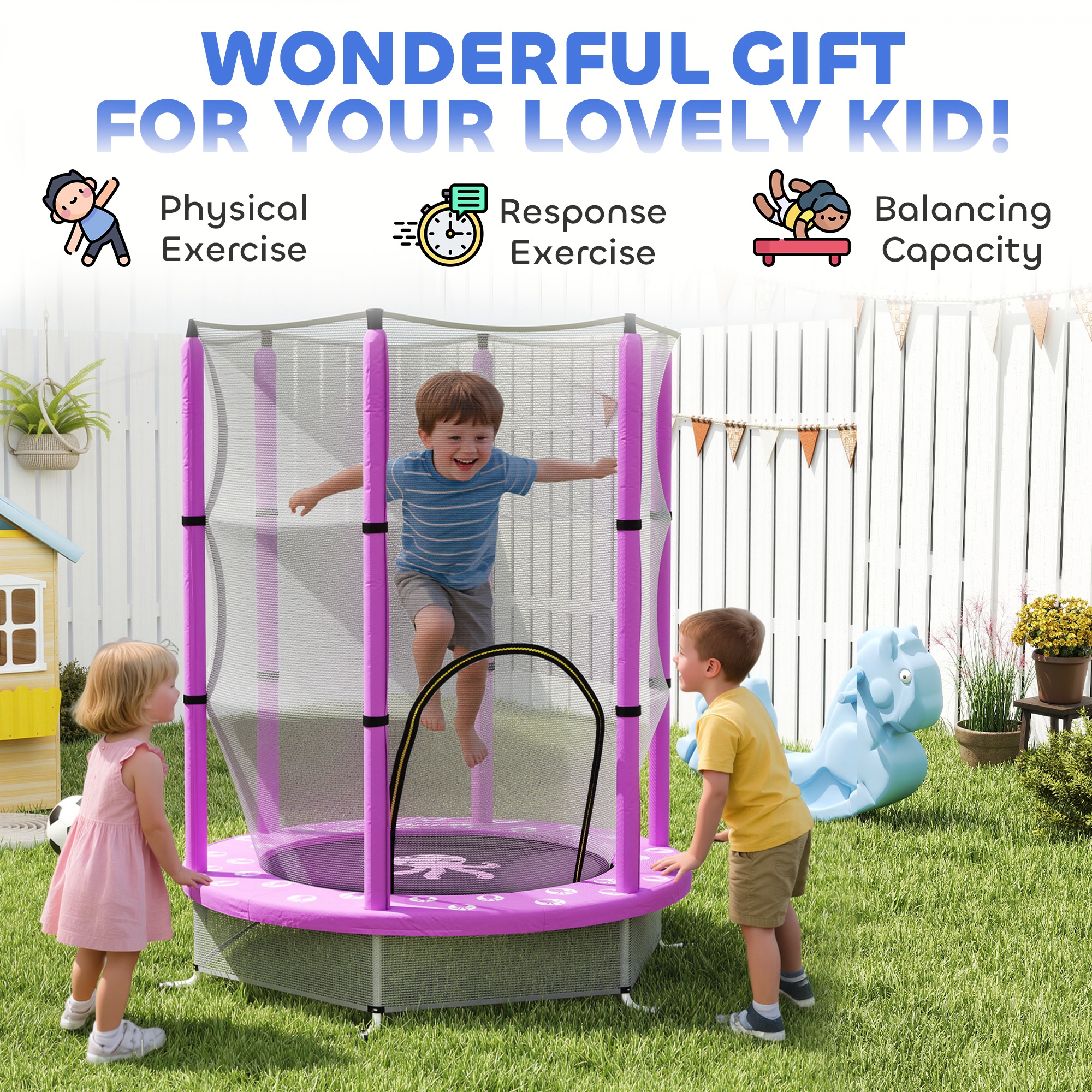 AIYAPLAY 4.6ft Toddler Trampoline w/ Safety Enclosure Net, for Indoor Outdoor Use, Ages 3-6 Years, Purple 9
