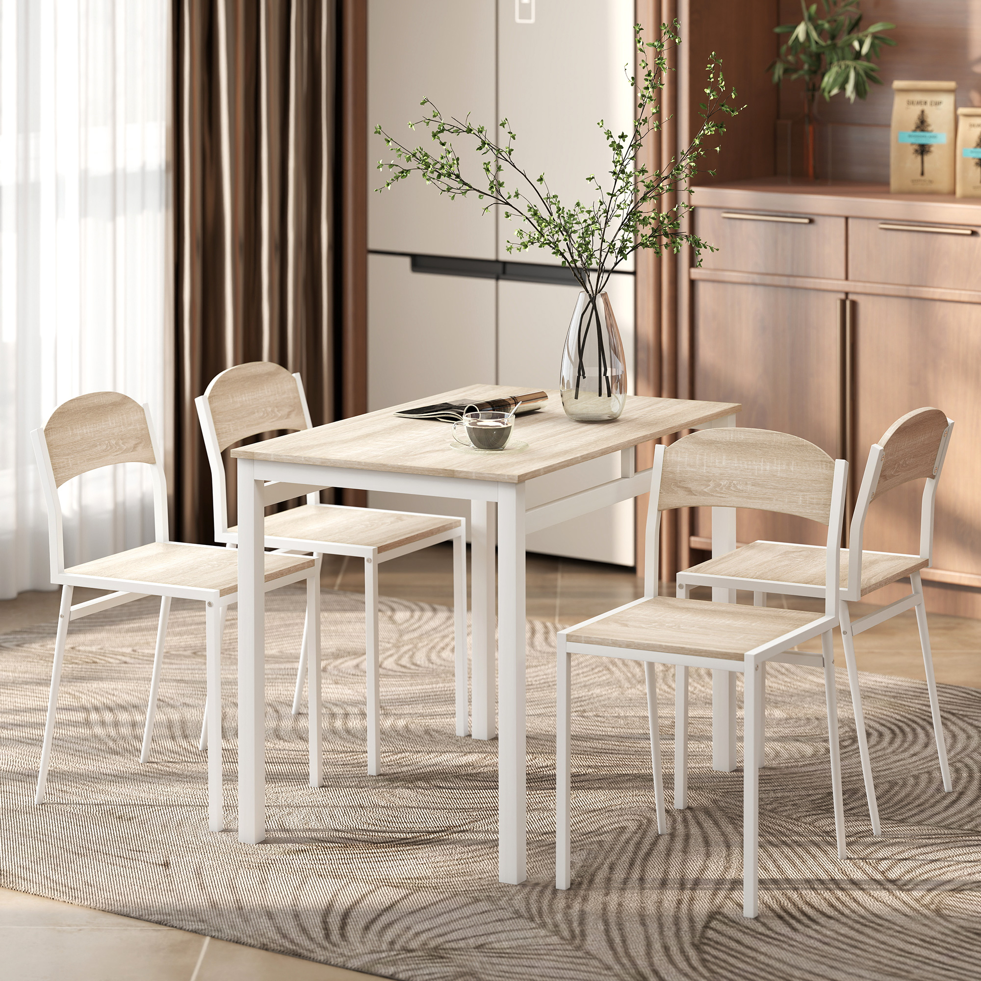 HOMCOM Eettafelset 5 Delig Landelijke Stijl Rechthoekige Tafel 110x70 cm 4 Stoelen Staal Frame PVC Coating Ruimtebesparend | Aosom.nl